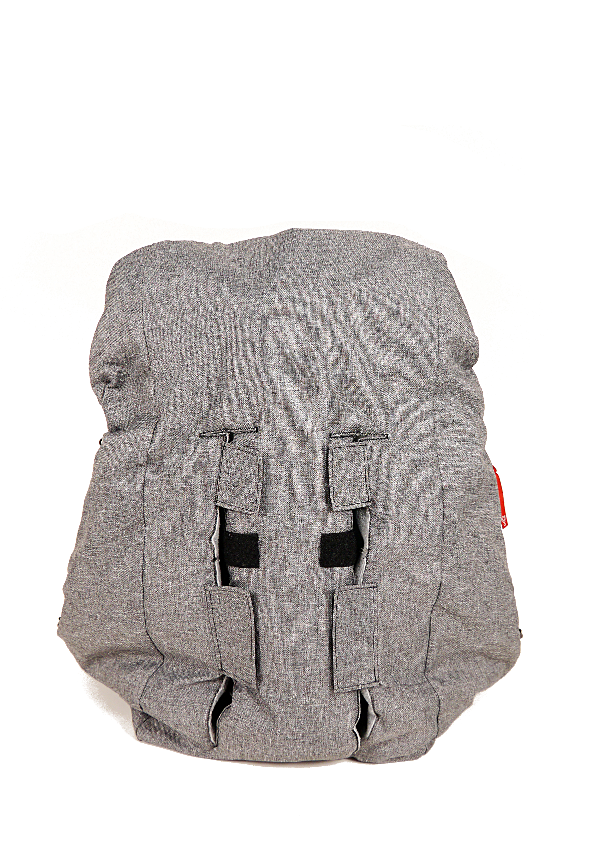 Rückseite Winterfußsack Kinderwagen grau mit Gurtschlitzen für sichere Befestigung