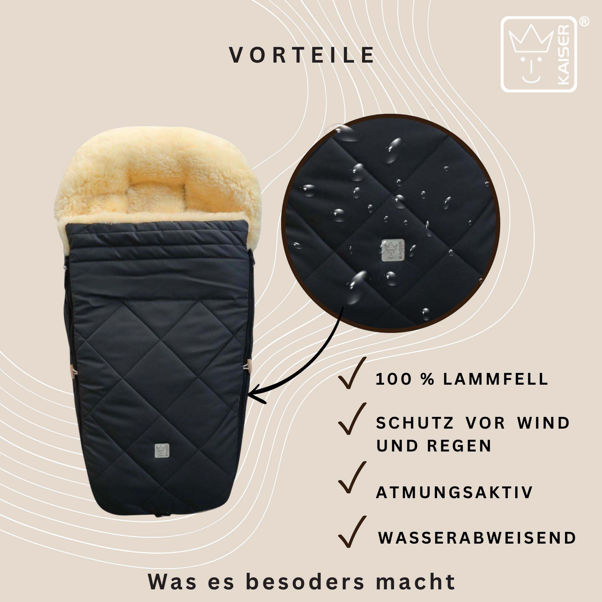 Fußsack mit Lammfell ist atmungsaktiv, wasserabweisend und schützt vor Wind und Regen.