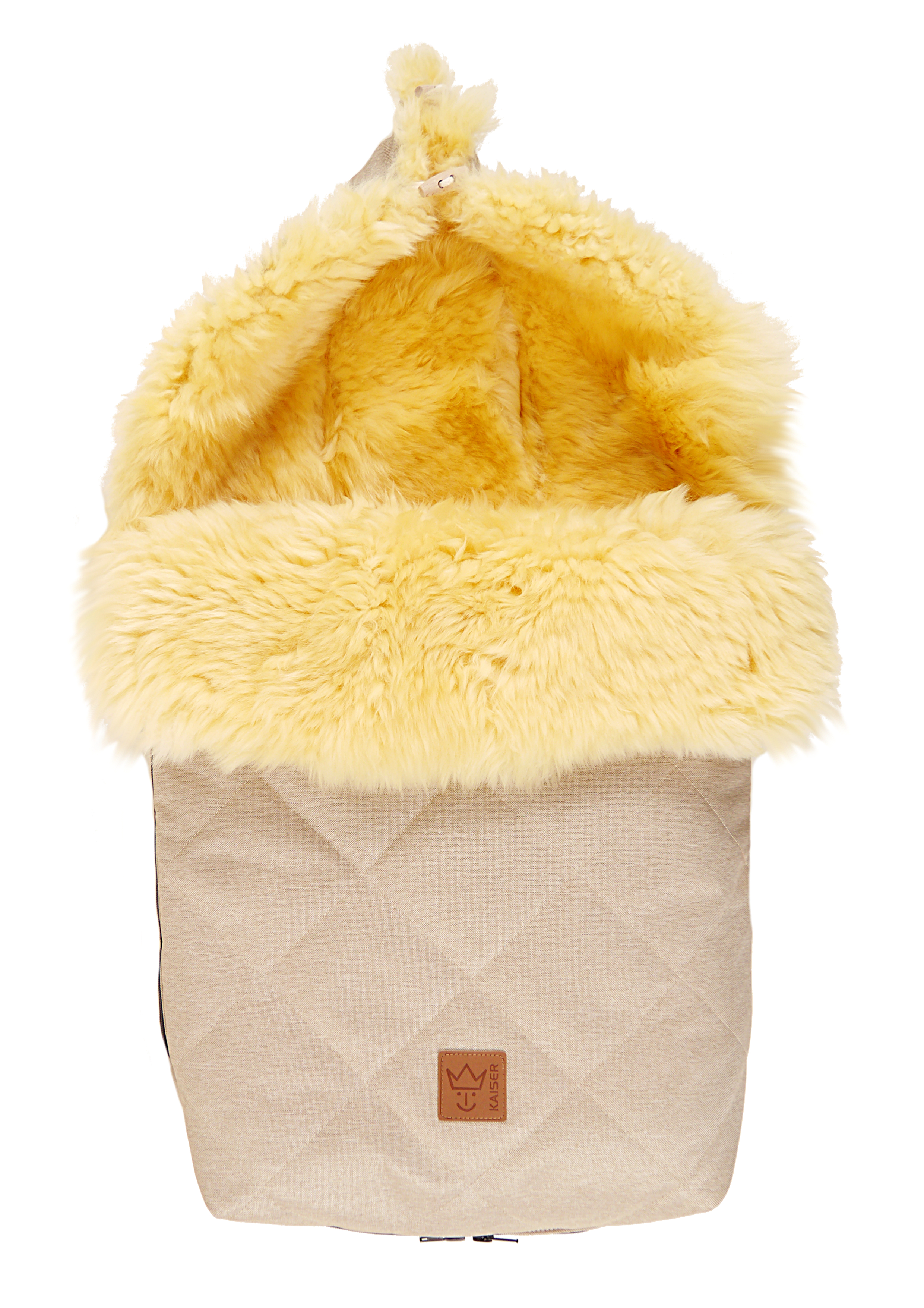 Winterfußsack in der Farbe sand melange mit Lammfell mit Kapuze