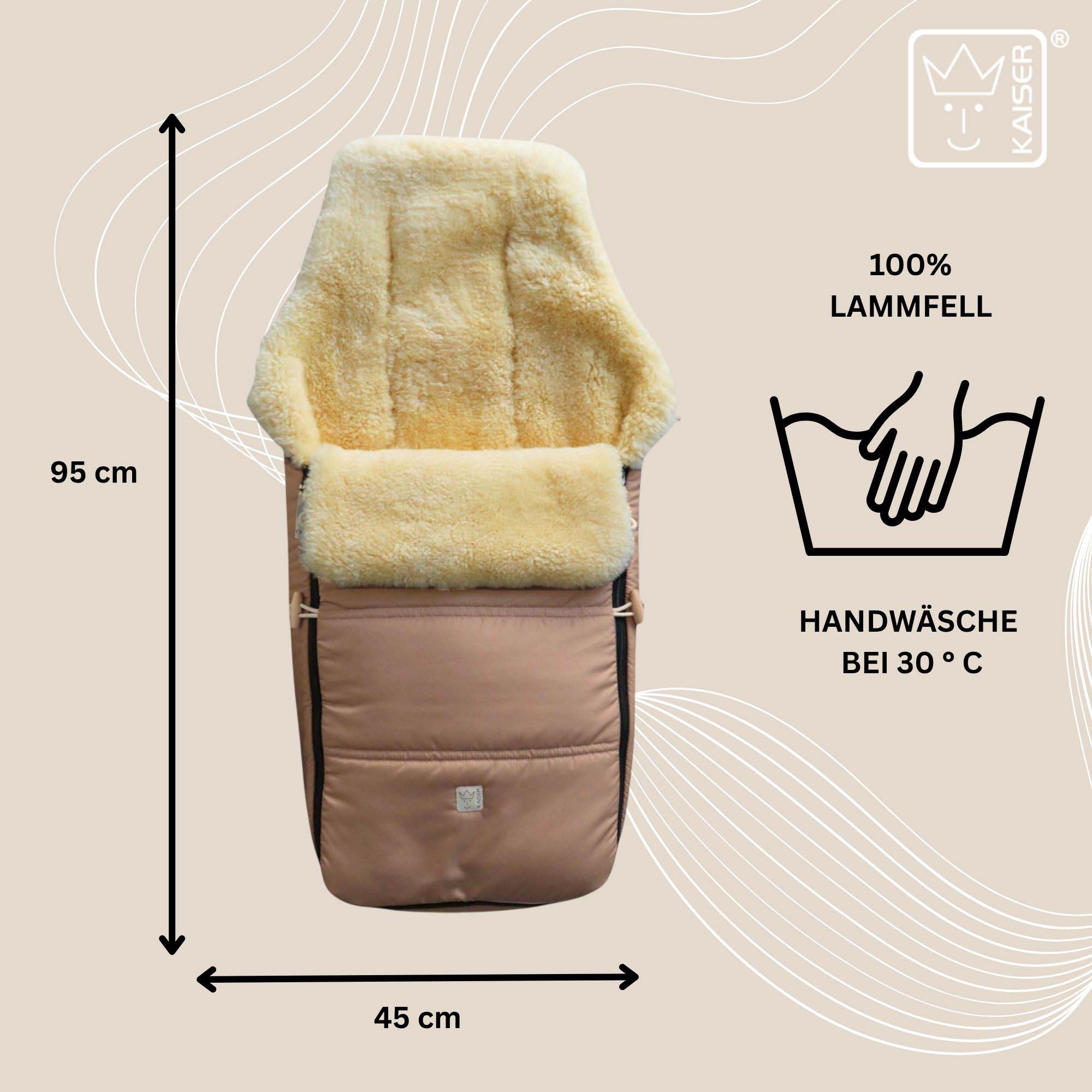 Maße des Fußsacks: 95 × 45 cm – 100 % Lammfell, Handwäsche bei 30 °C empfohlen.