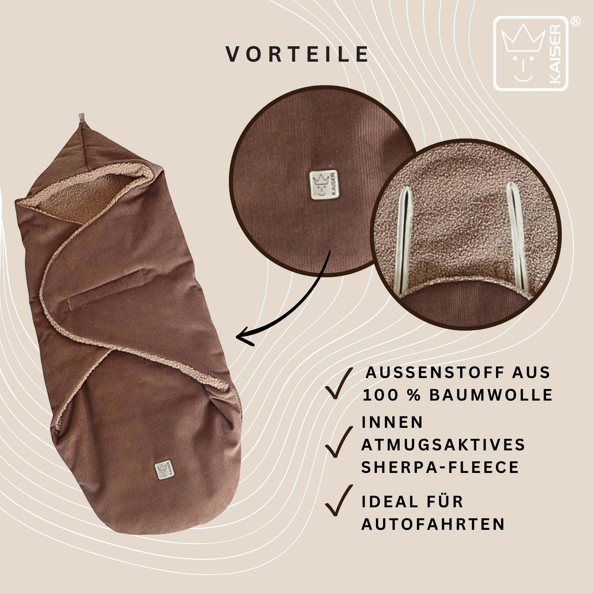 Atmungsaktives Sherpa-Fleece innen, Baumwoll-Cord außen – ideal für Autofahrten.