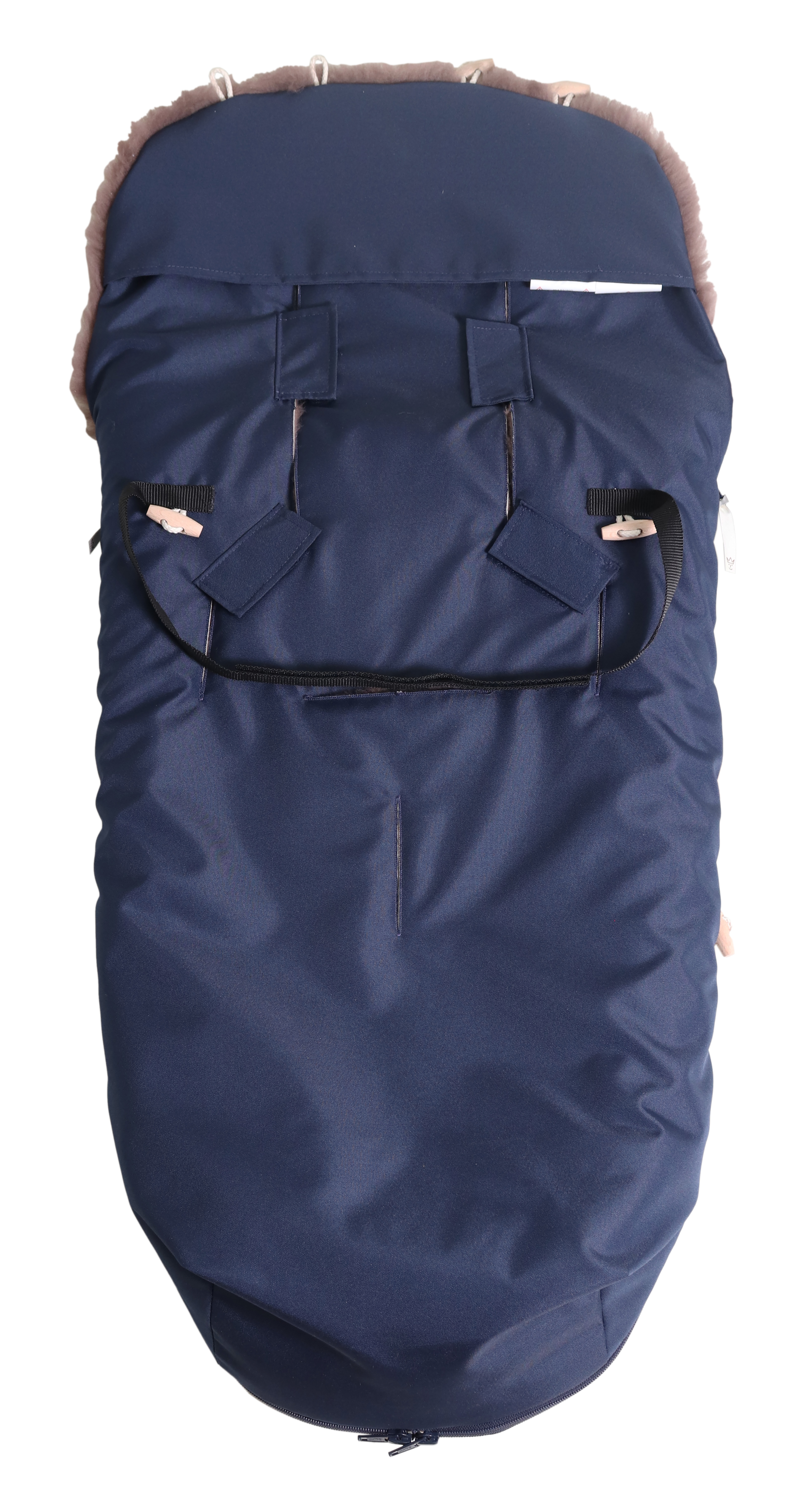 Fußsack mit beigem Lammfell-Innenfutter in der Farbe navy Rückseite