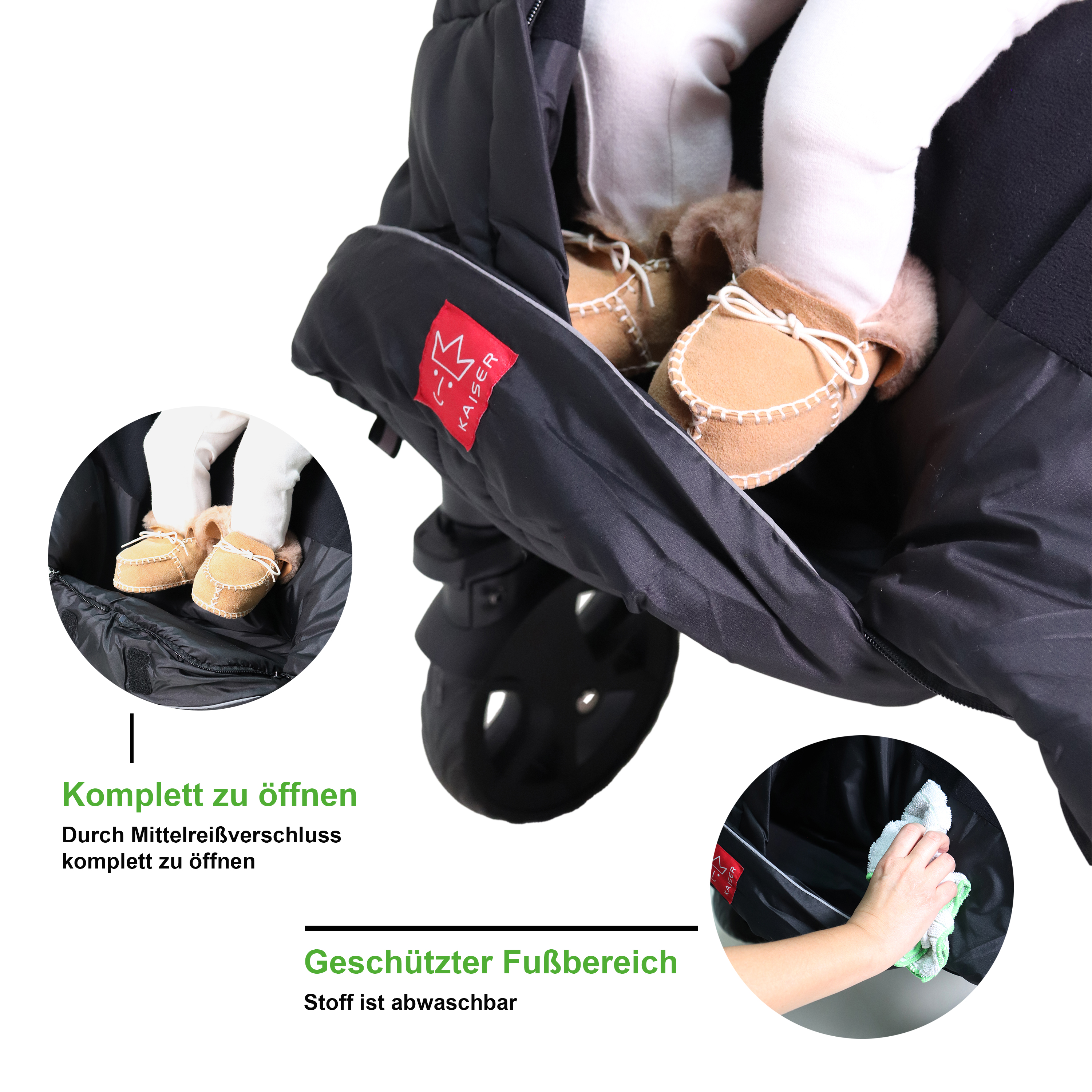 Kaiser-Fußsack im Kinderwagen – vollständig zu öffnen und mit abwaschbarem Fußbereich. Das Bild zeigt ein Baby in einem schwarzen Fußsack der Marke Kaiser. Der Fußsack lässt sich durch einen Mittelreißverschluss vollständig öffnen und verfügt über einen abwaschbaren, geschützten Fußbereich.
