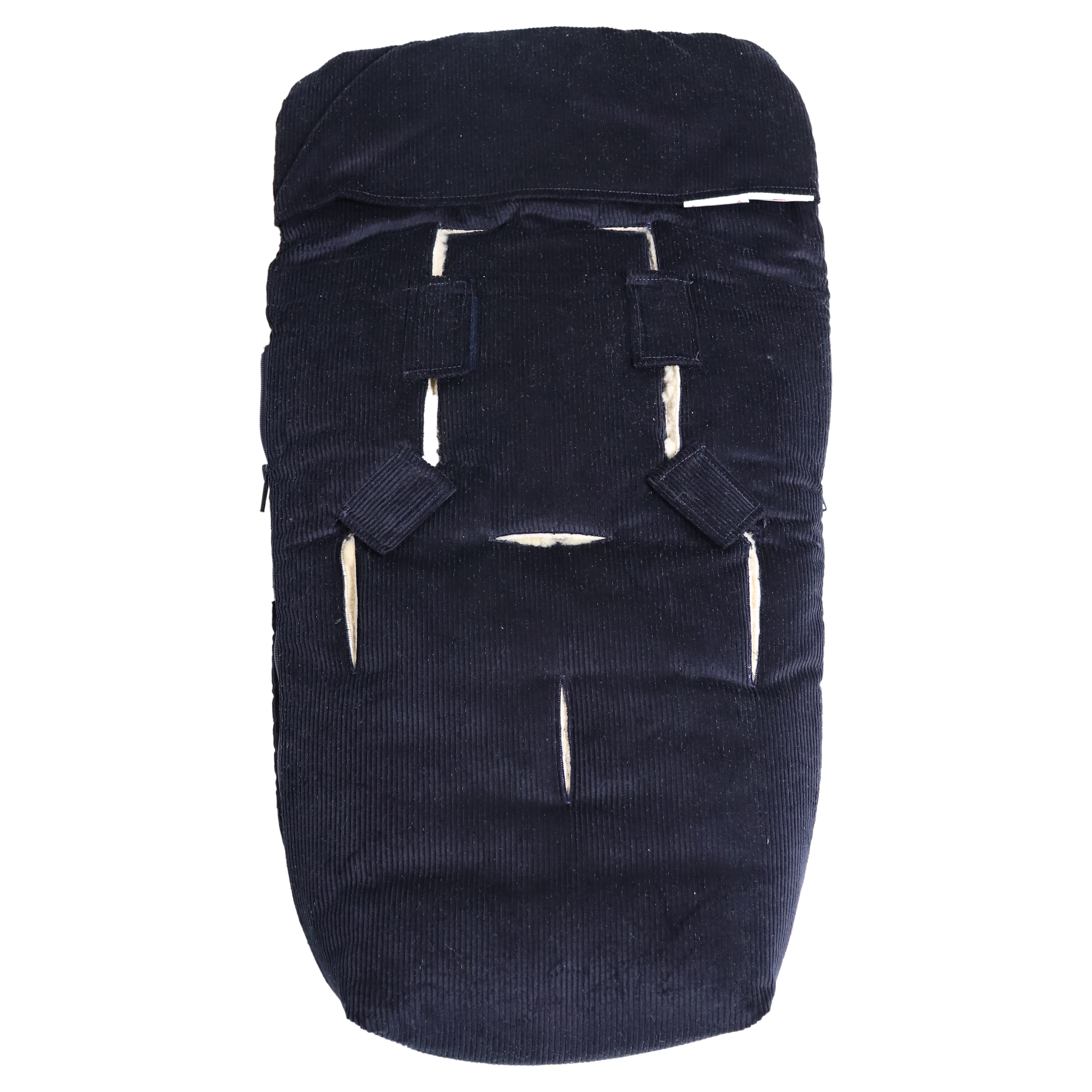 Rückseite FILIA CORD Babyschalen Fußsack mit Lammfell in der Farbe dark blue sea