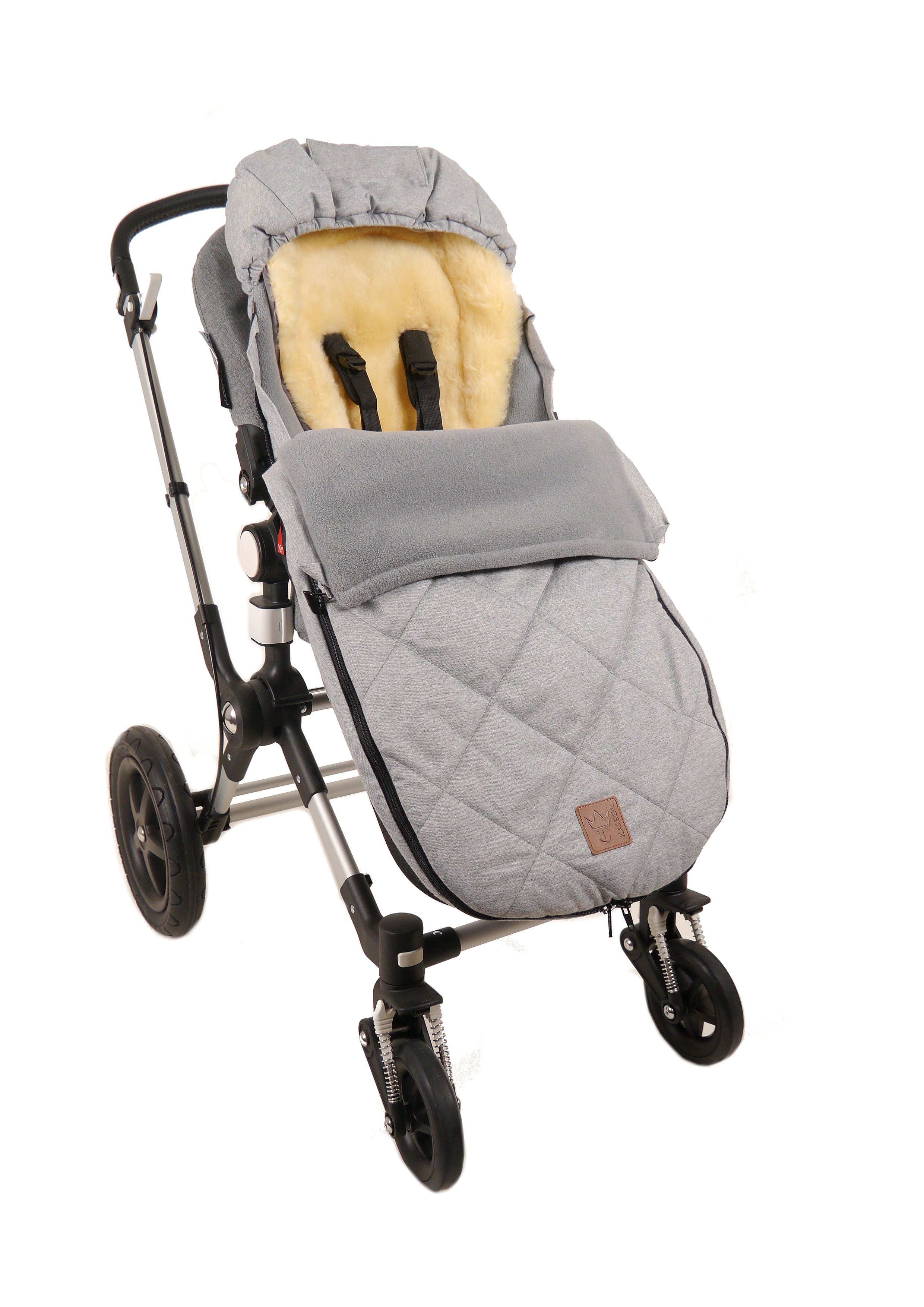 Winterfußsack grau im Kinderwagen mit lammfelleinlage und Kapuze