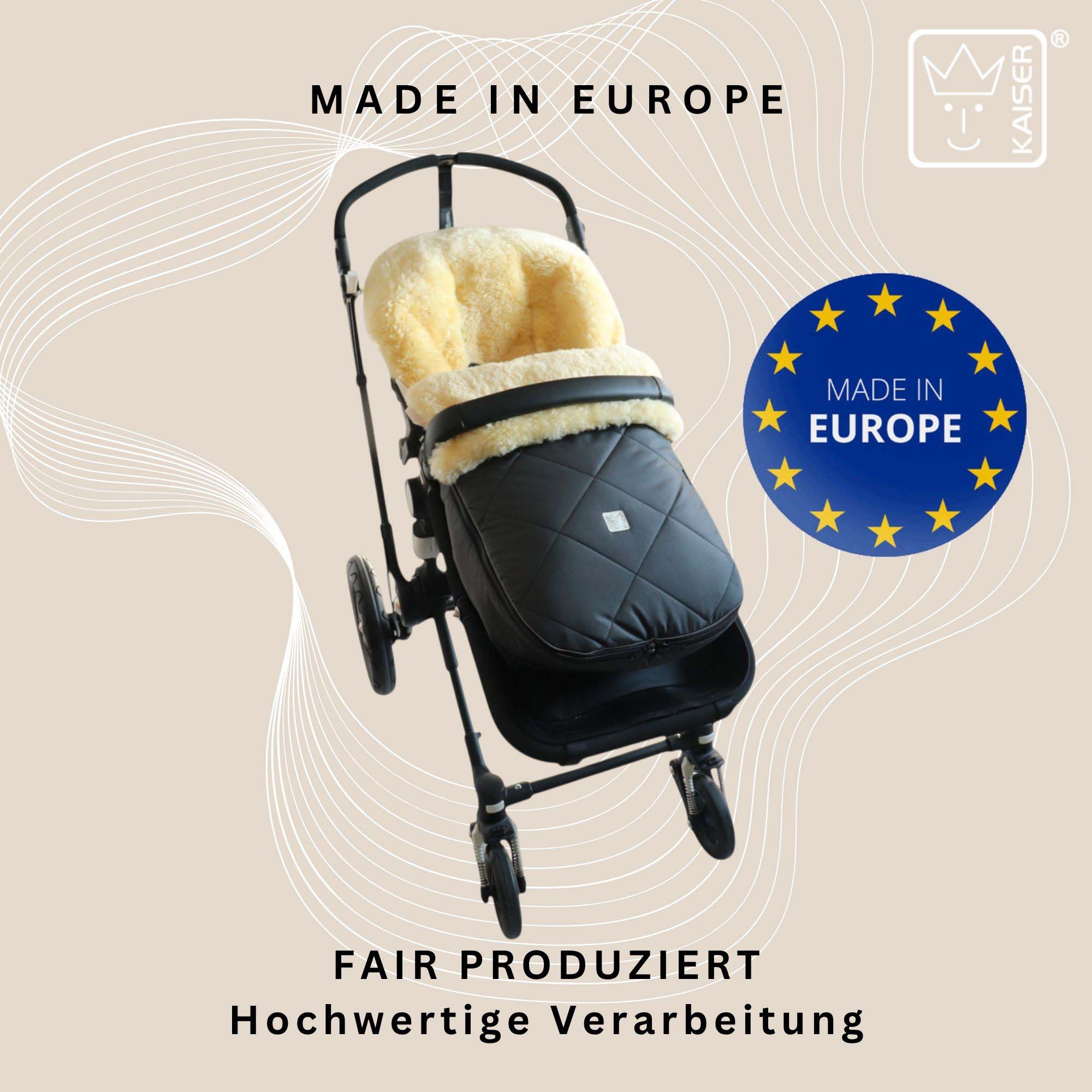 Fußsack im Kinderwagen, „Made in Europe“ Siegel – fair produziert, hochwertig verarbeitet.