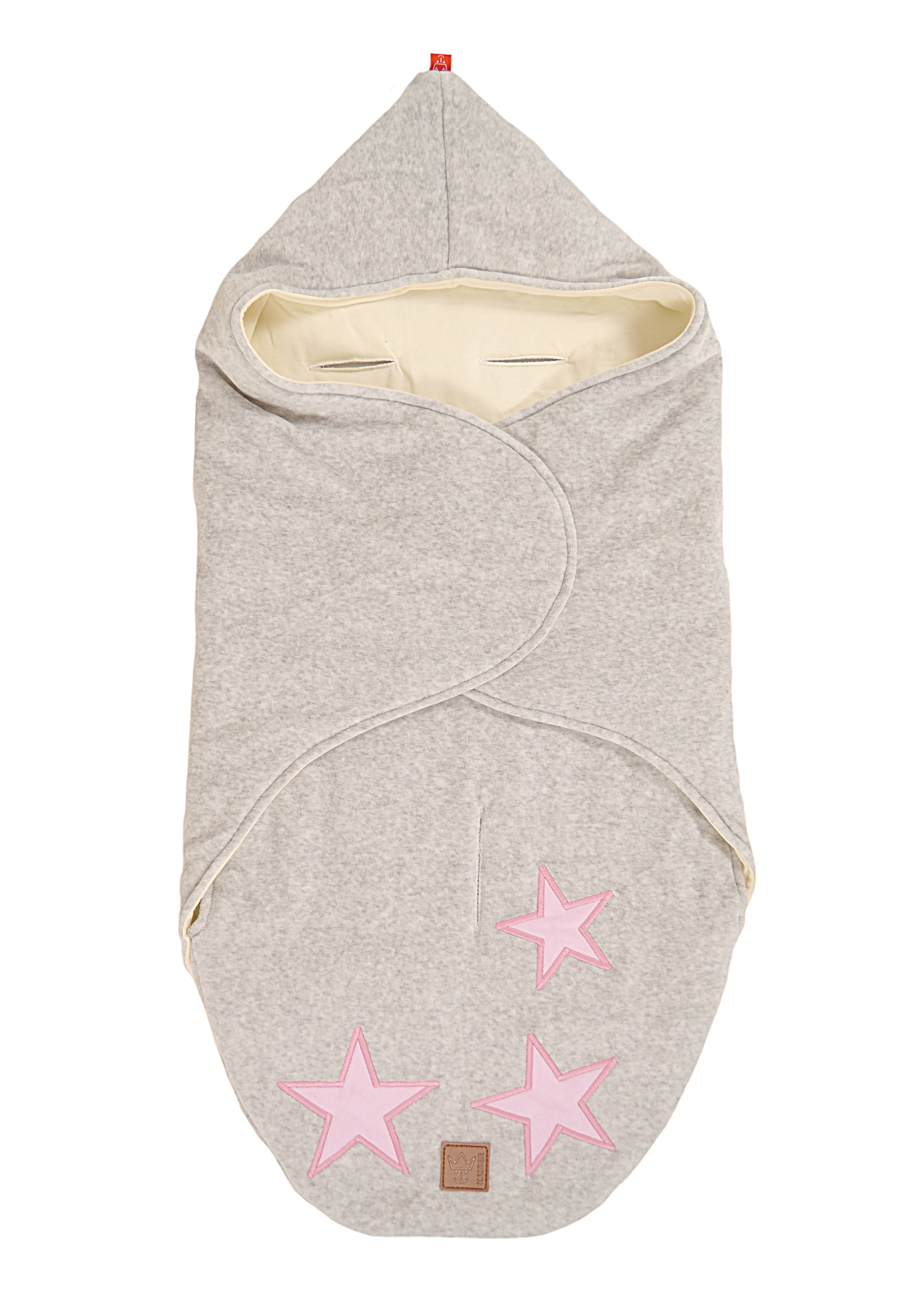 Baby Einschlagdecke mit Kapuze mit applizierten Sternen, geeignet für Babyschalen – weiches Innenfutter für höchsten Komfort.