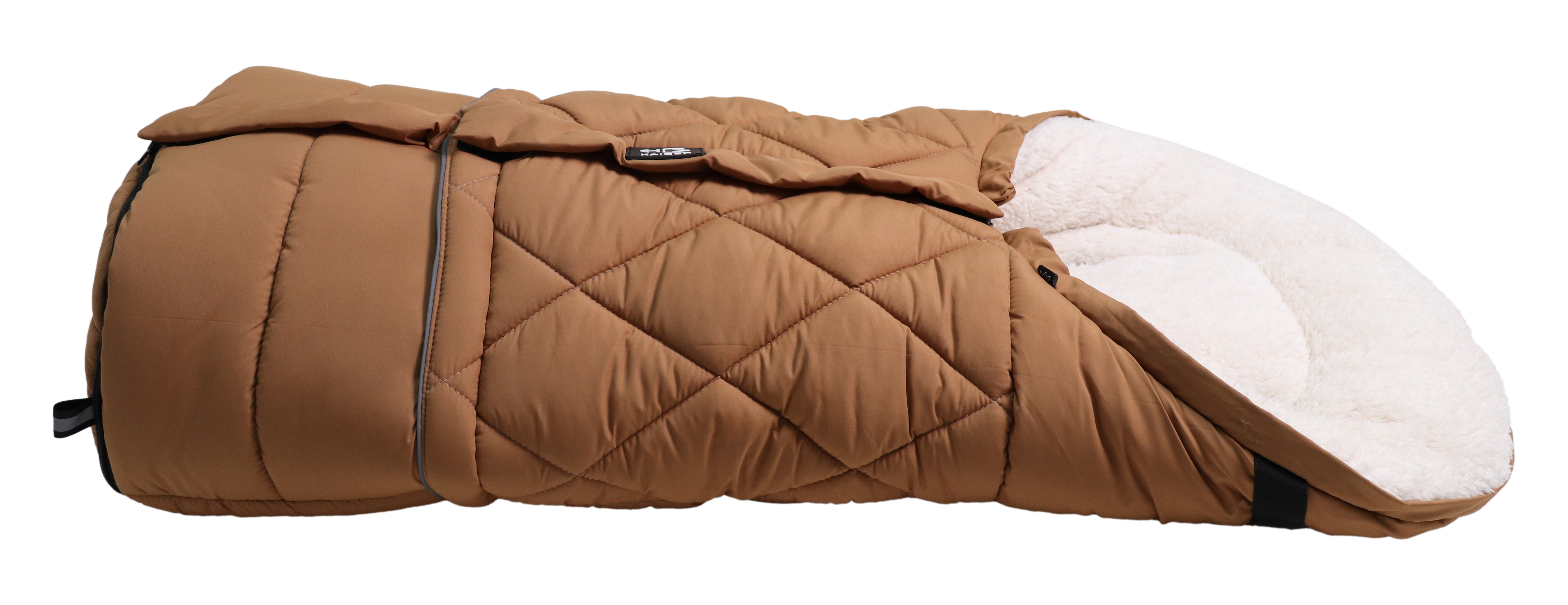 MOONY 2in1, Thermo Universal Fußsack Fußsack mit einem Sherpa-Futter in der Farbe camel liegt horizontal