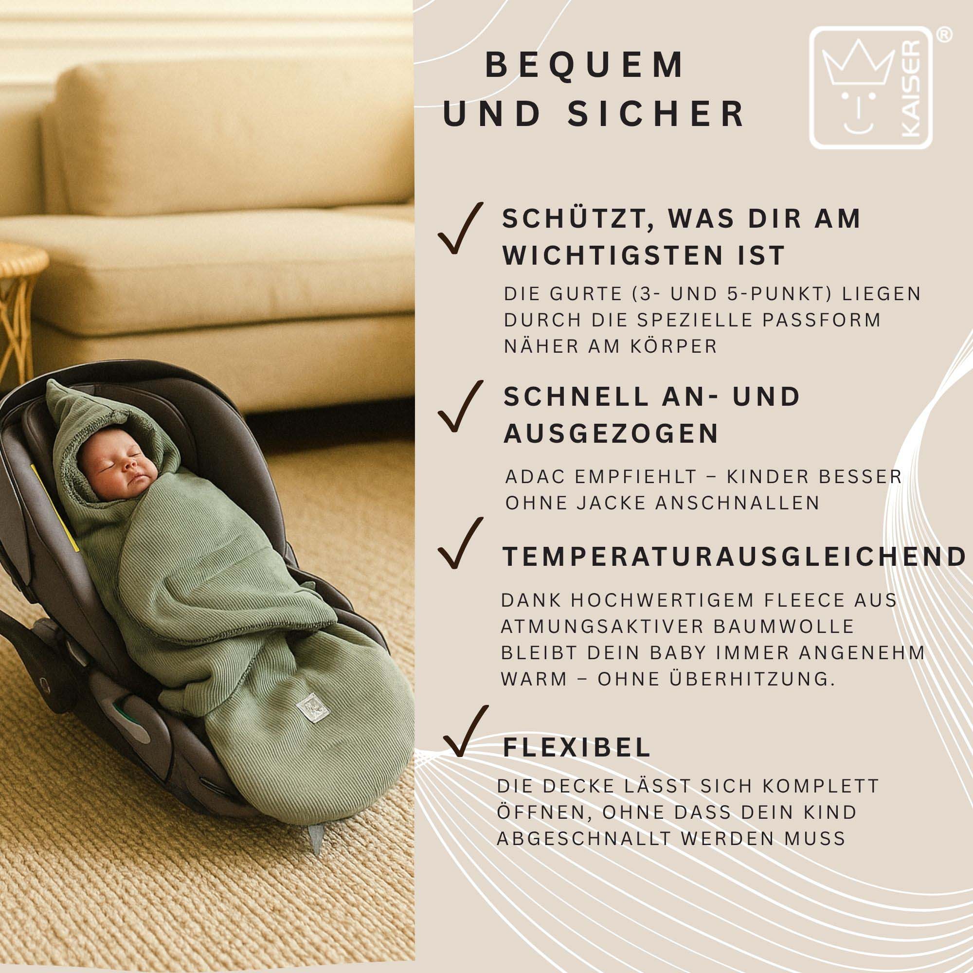 Der Fußsack schützt, passt sich Gurten an, ist temperaturausgleichend und flexibel zu öffnen.