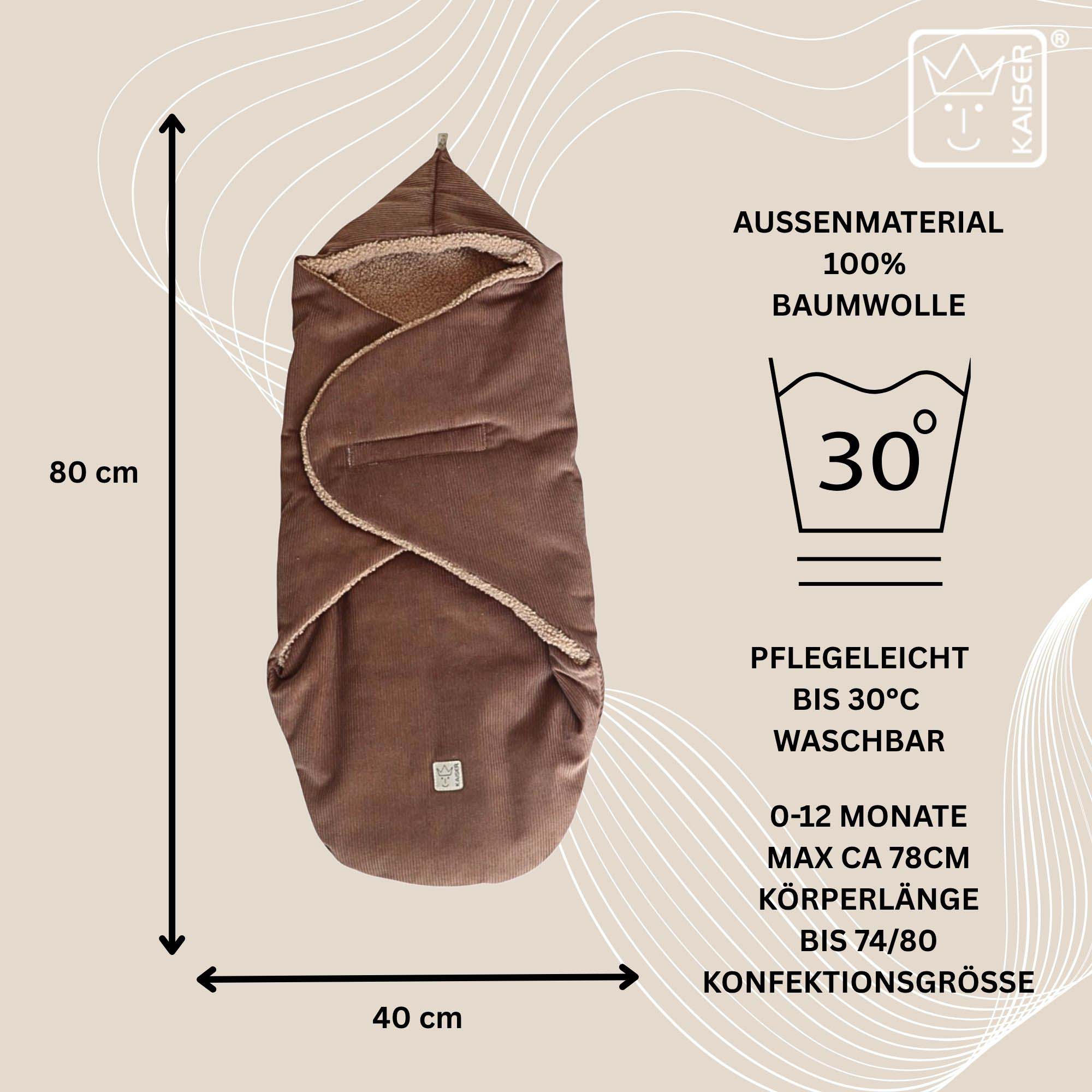 Maße: 80×40 cm – geeignet bis 12 Monate, waschbar bei 3 °C, aus 100 % Baumwolle.