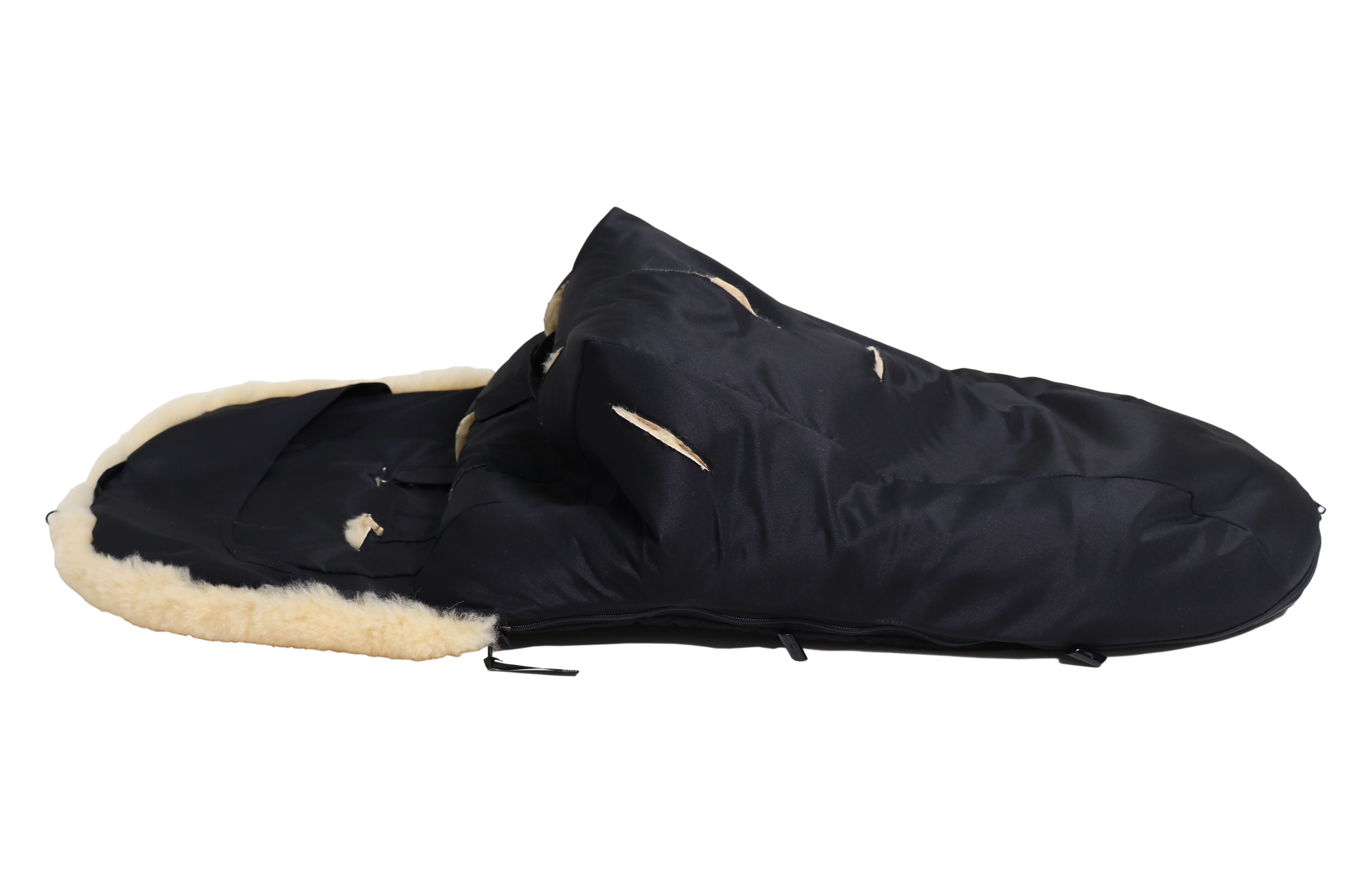 Fußsack mit dem Lammfell-Innenfutter in black seitlich