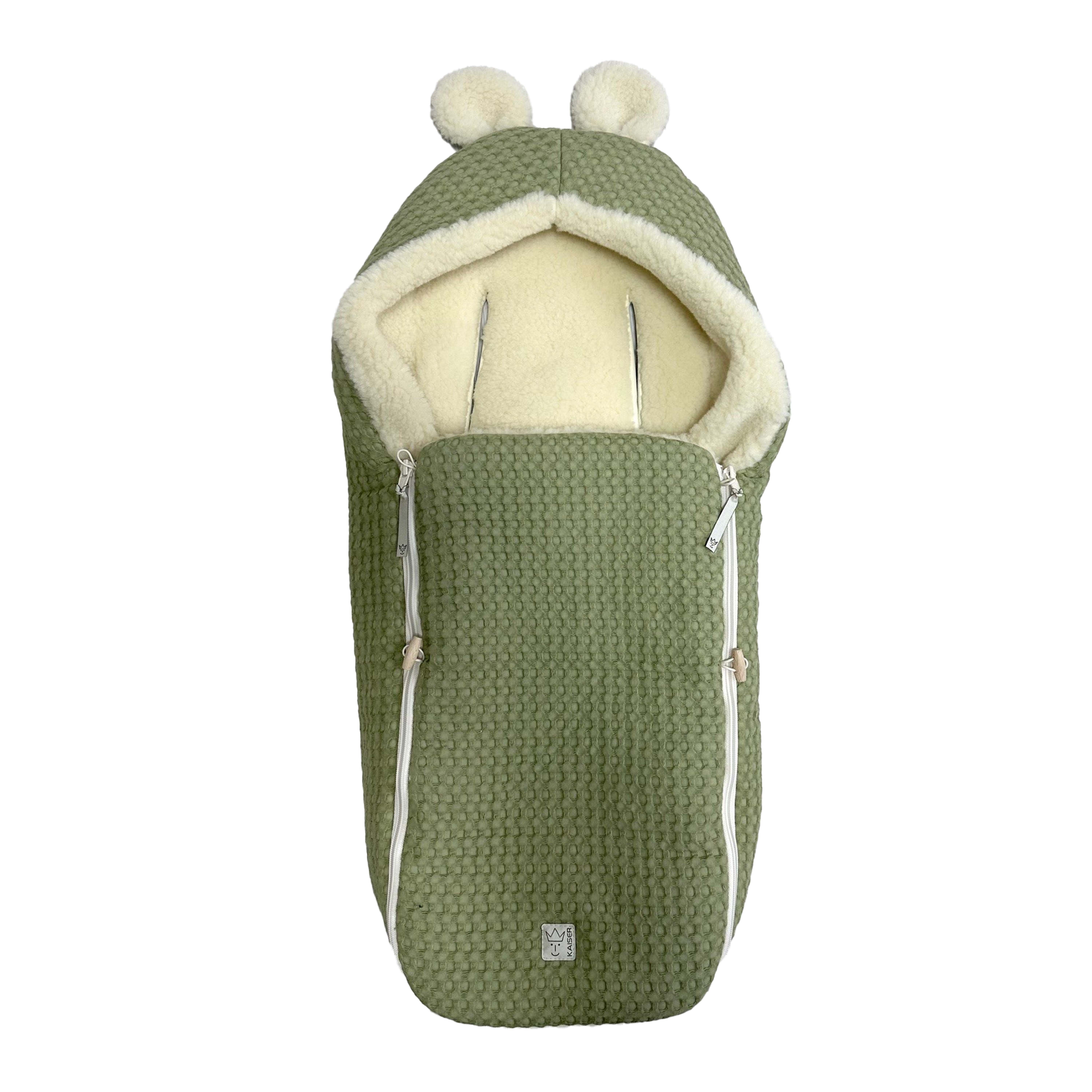 KUSCHELL S Babyschalen Fußsack mineral green mit Ohren und Fleece-Innenfutter