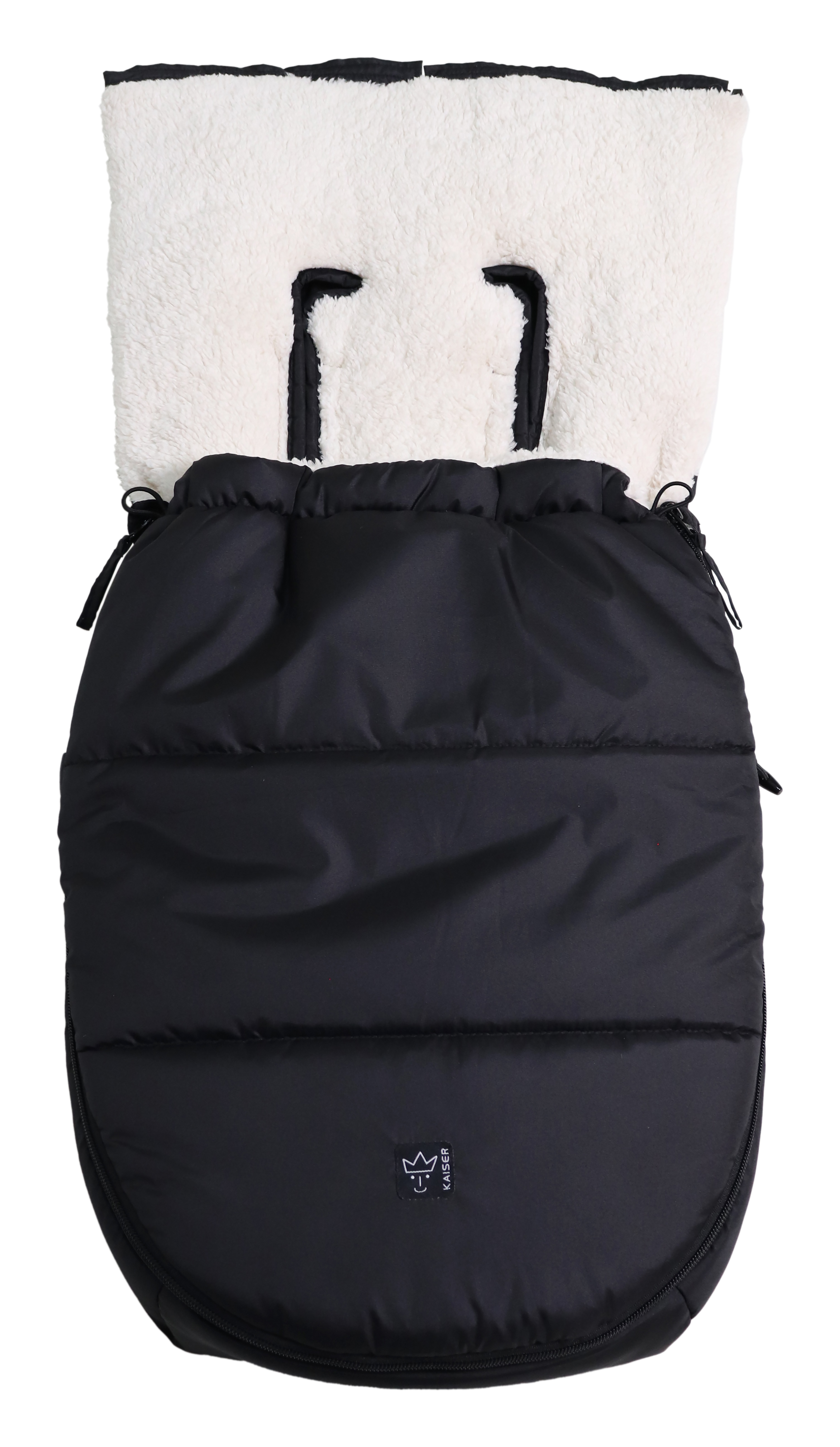 HOODY 2.0 Fußsack mit weißem Fleece-Innenfutter mit geöffnetem Oberteil für Babyschale in der Farbe black-creme