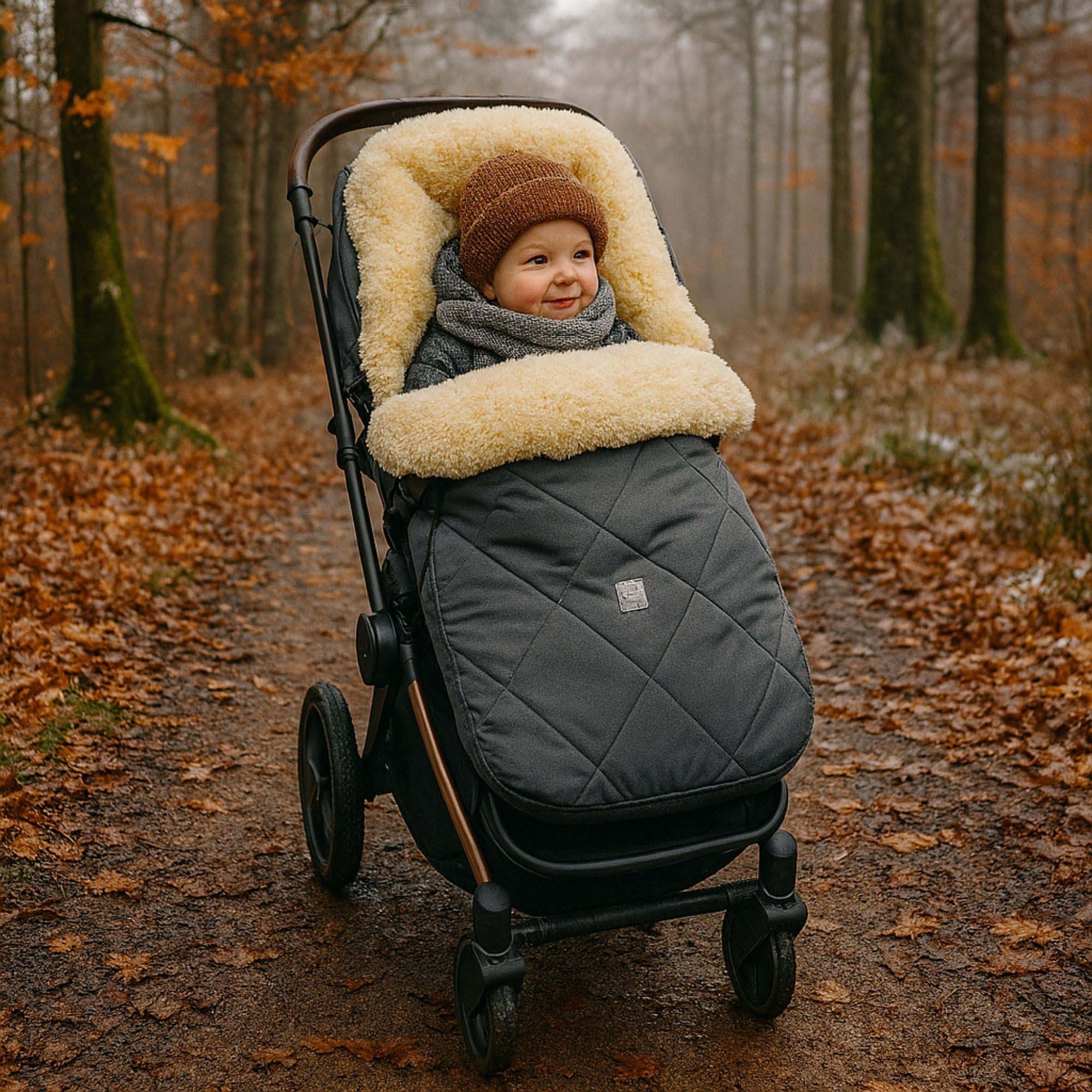 Baby im Fußsack im Kinderwagen auf herbstlichem Waldweg, warm eingepackt.
