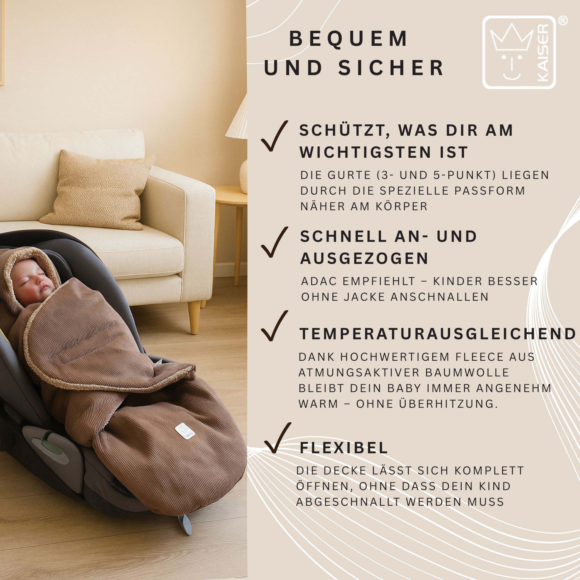 Der Fußsack schützt, passt sich Gurten an, ist temperaturausgleichend und flexibel zu öffnen.