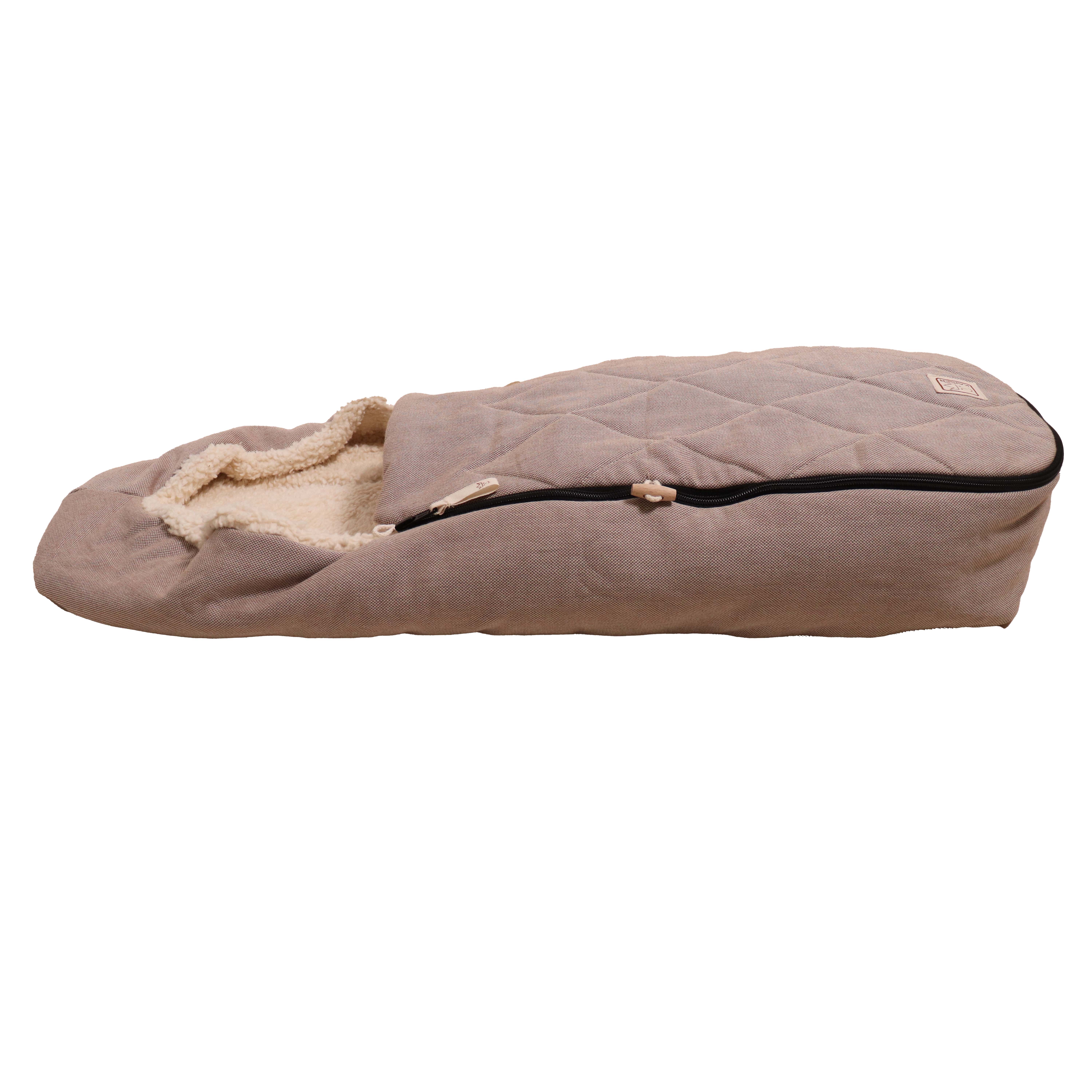 Seitenansicht LE PETIT Babyschalen Fußsack brown/nature aus Bio-Baumwolle