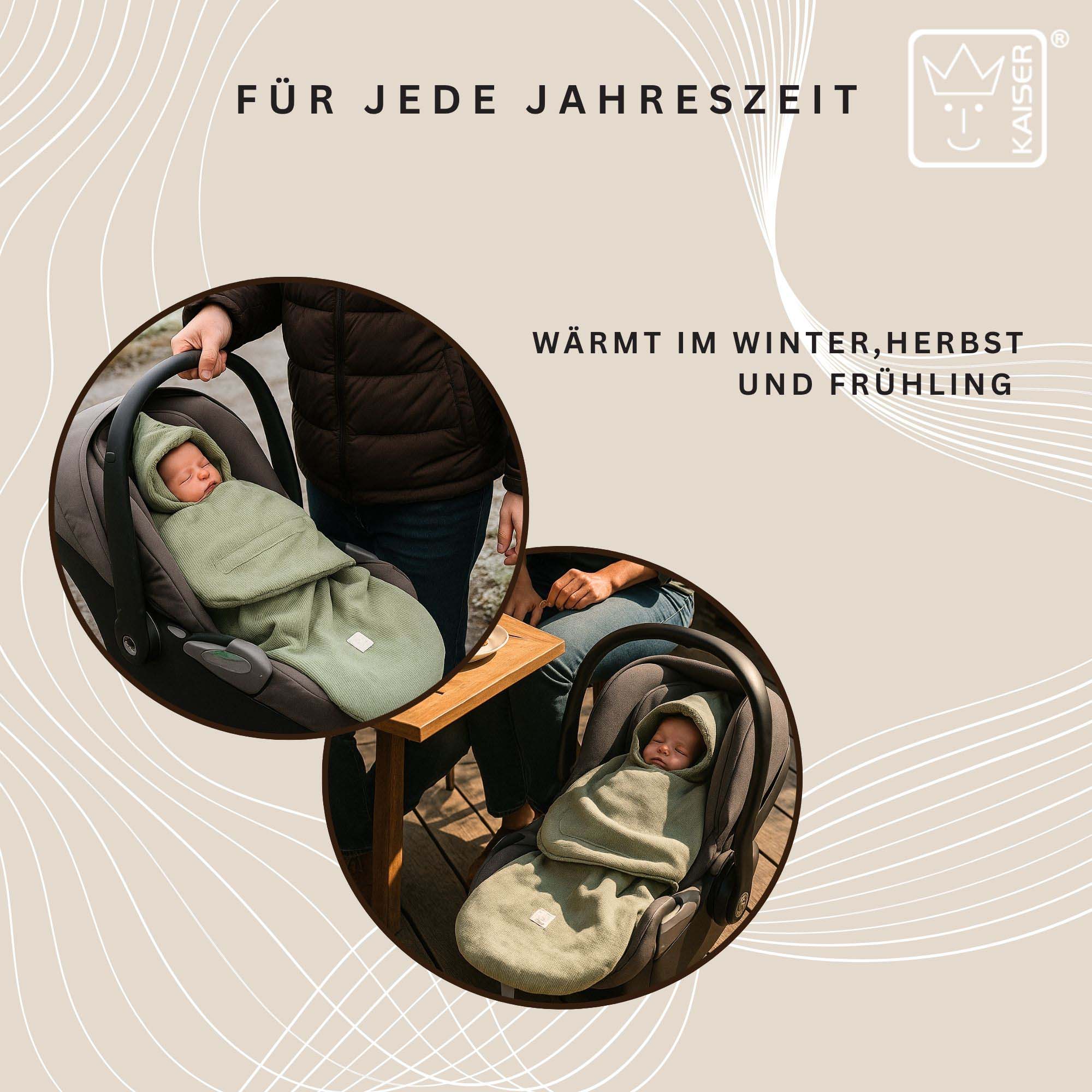 Baby im Fußsack in Babyschale – geeignet für Herbst, Winter und Frühling laut Hersteller.