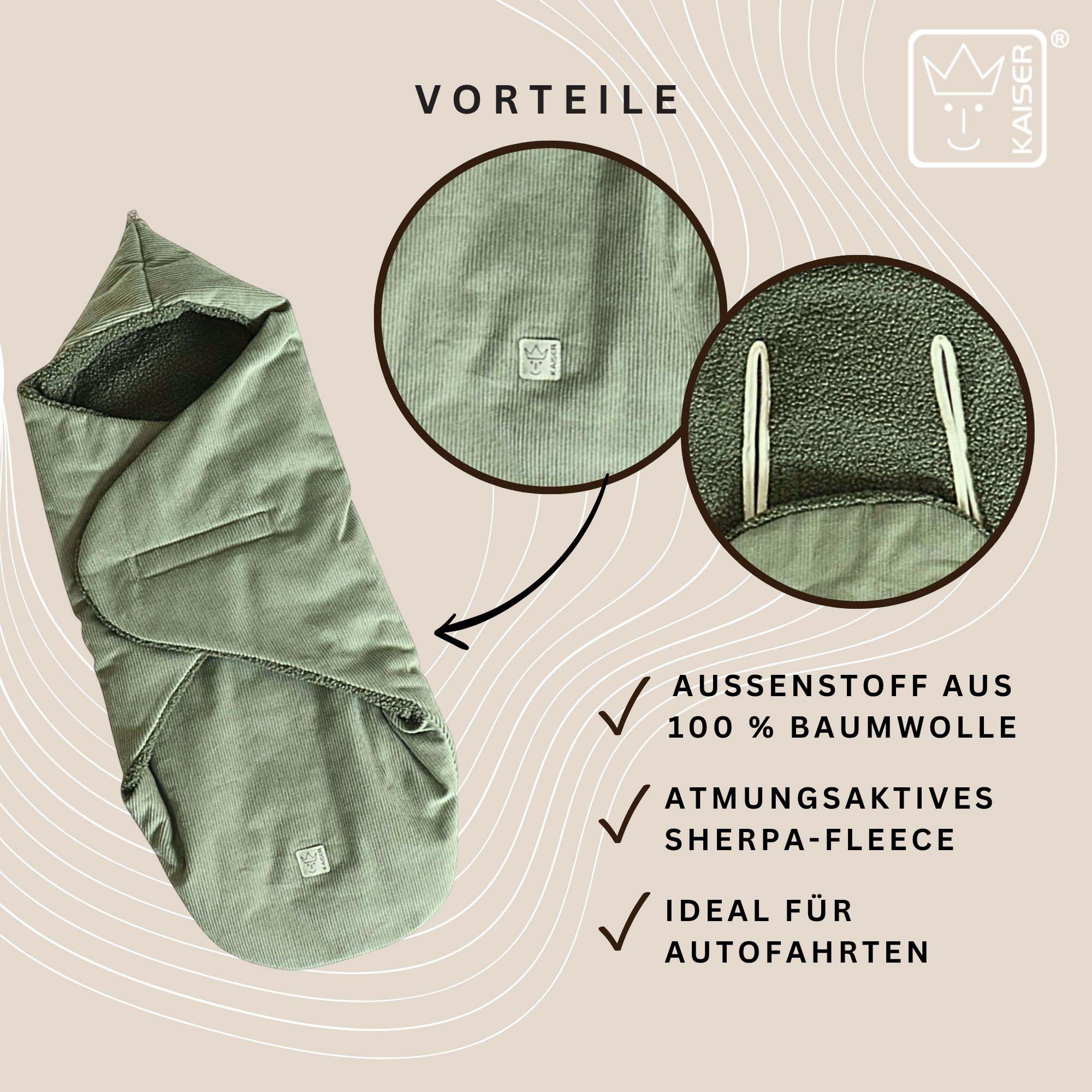 Atmungsaktives Sherpa-Fleece innen, Baumwoll-Cord außen – ideal für Autofahrten.