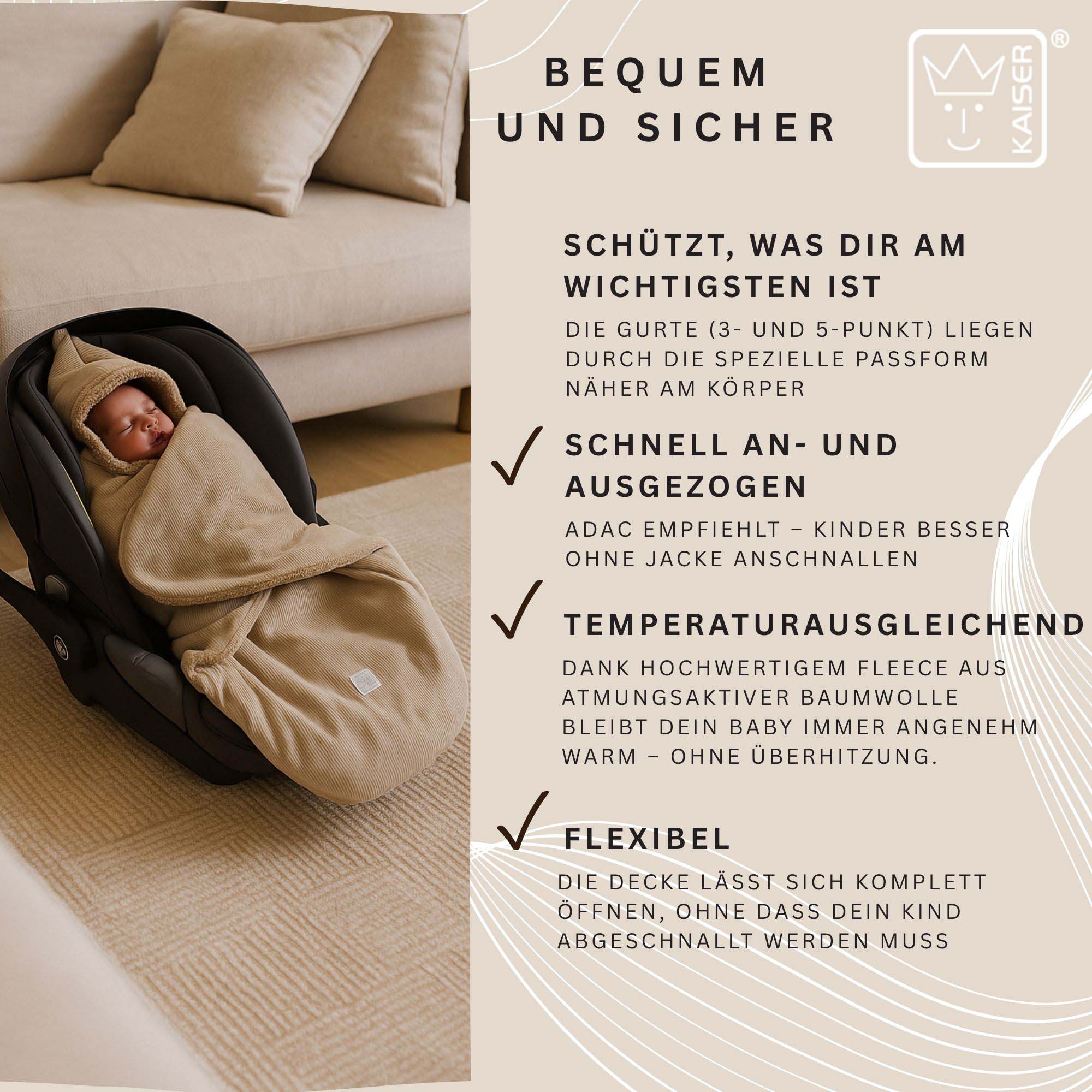 Der Fußsack schützt, passt sich Gurten an, ist temperaturausgleichend und flexibel zu öffnen.