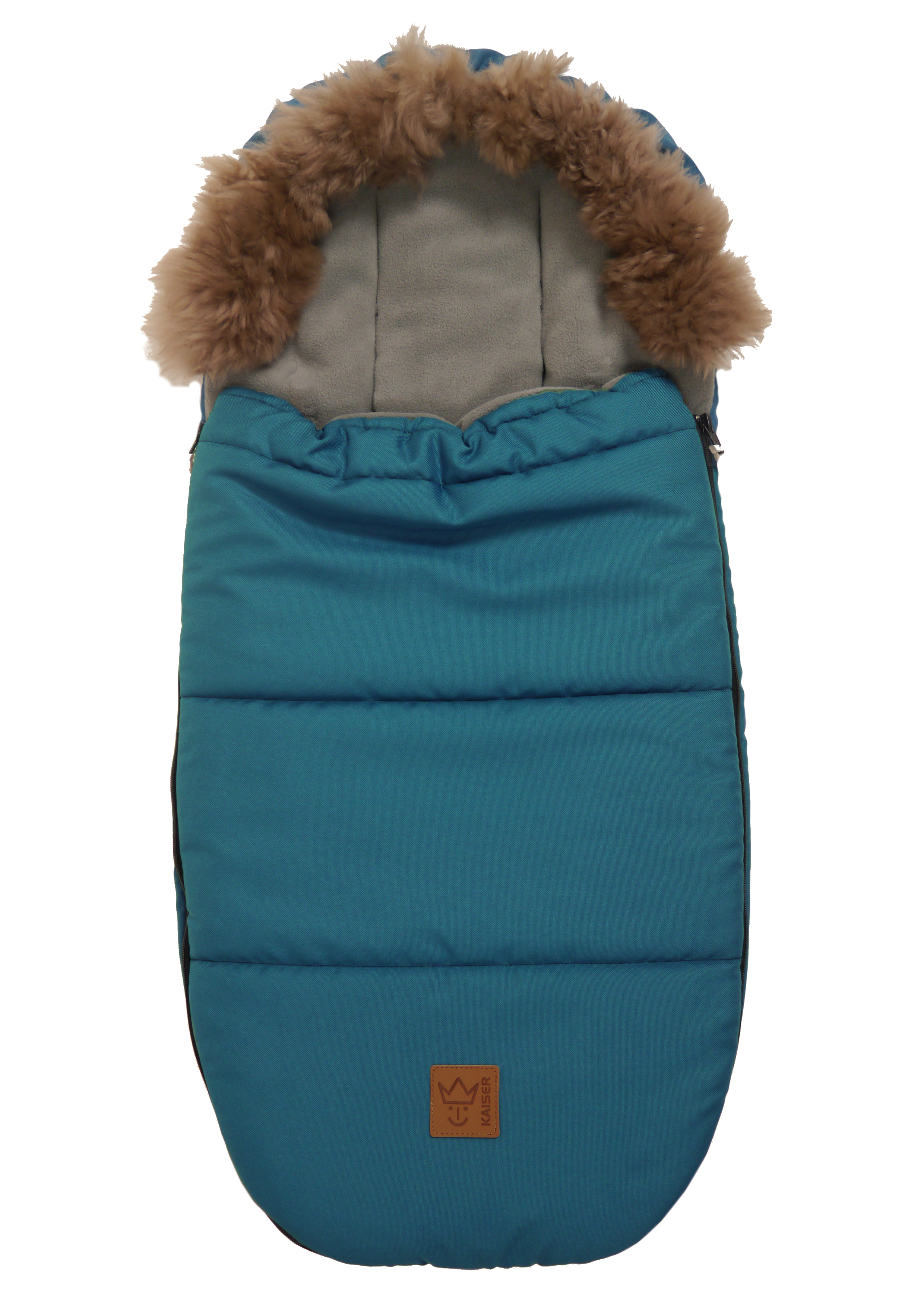 Kaiser Fußsack in der Farbe petrol green mit braunem Fellrand und grauem Fleece-Innenfutter