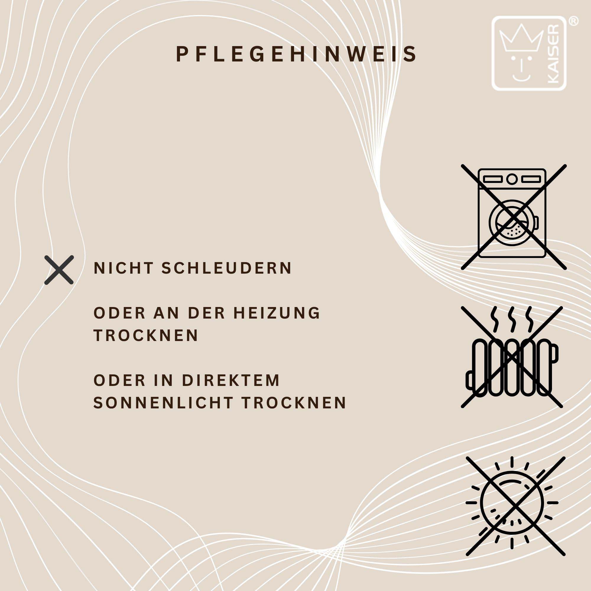 Nicht schleudern, nicht auf Heizung oder in direkter Sonne trocknen – Lammfellpflegehinweis.