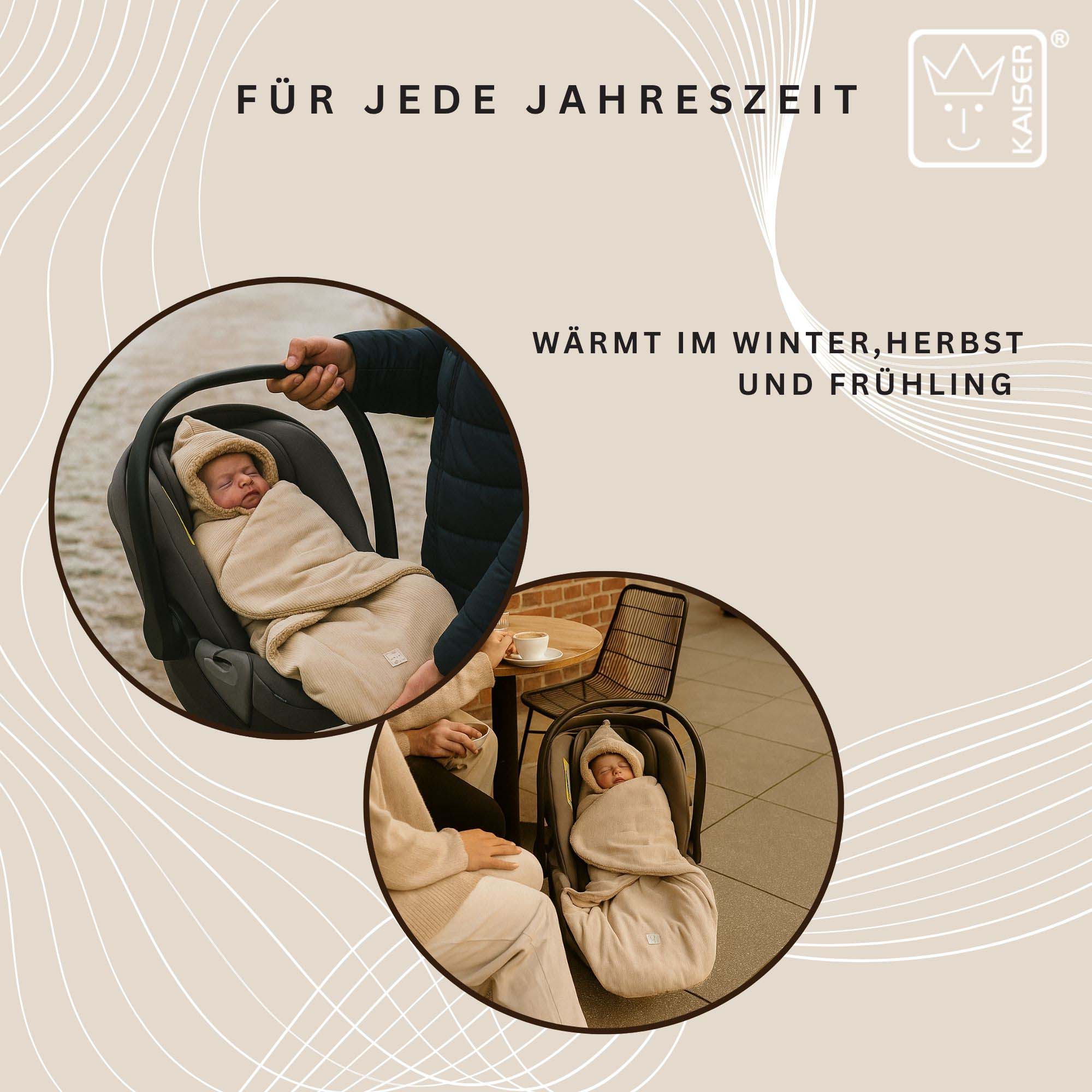 Baby im Fußsack in Babyschale – geeignet für Herbst, Winter und Frühling laut Hersteller.