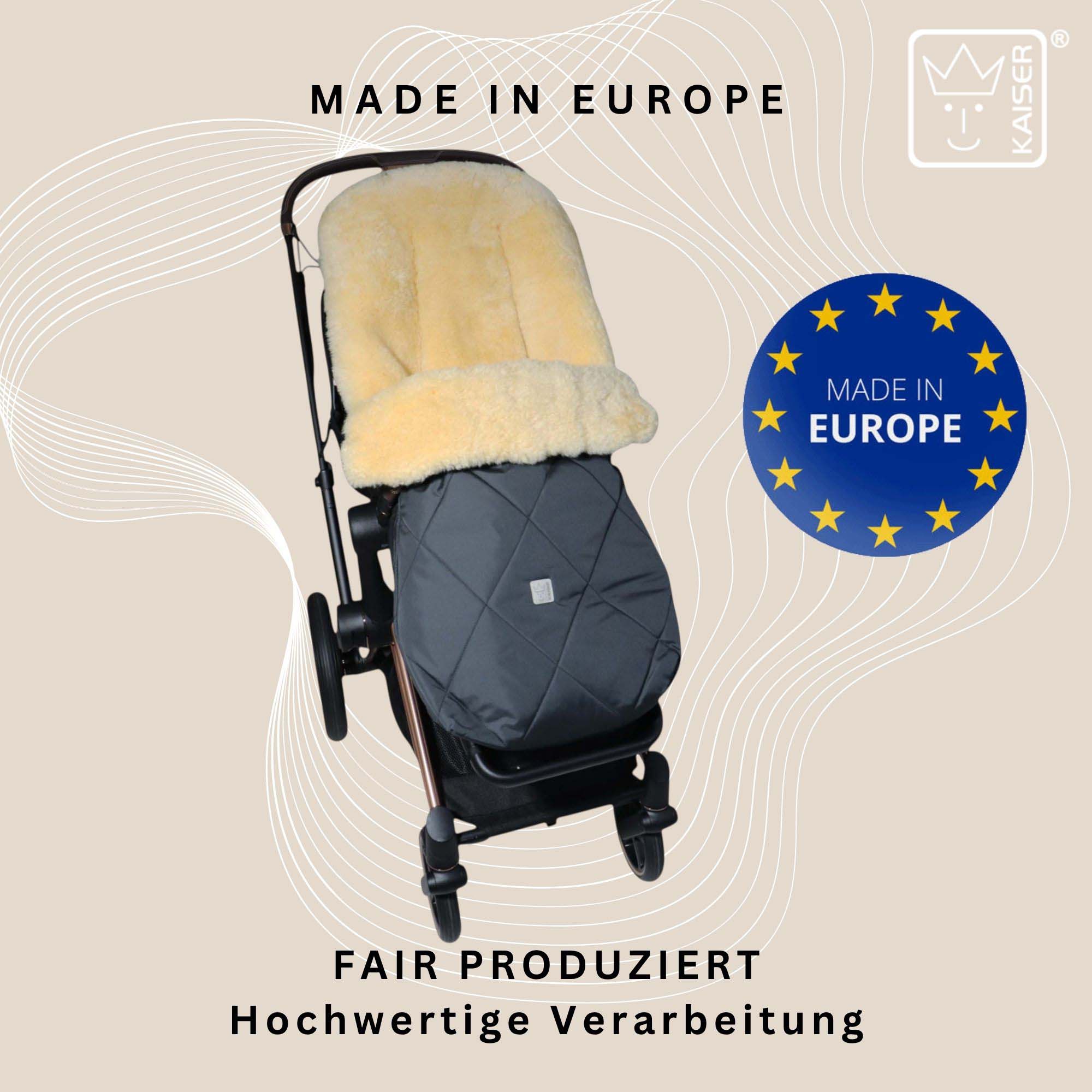 Fußsack im Kinderwagen, „Made in Europe“ Siegel – fair produziert, hochwertig verarbeitet.