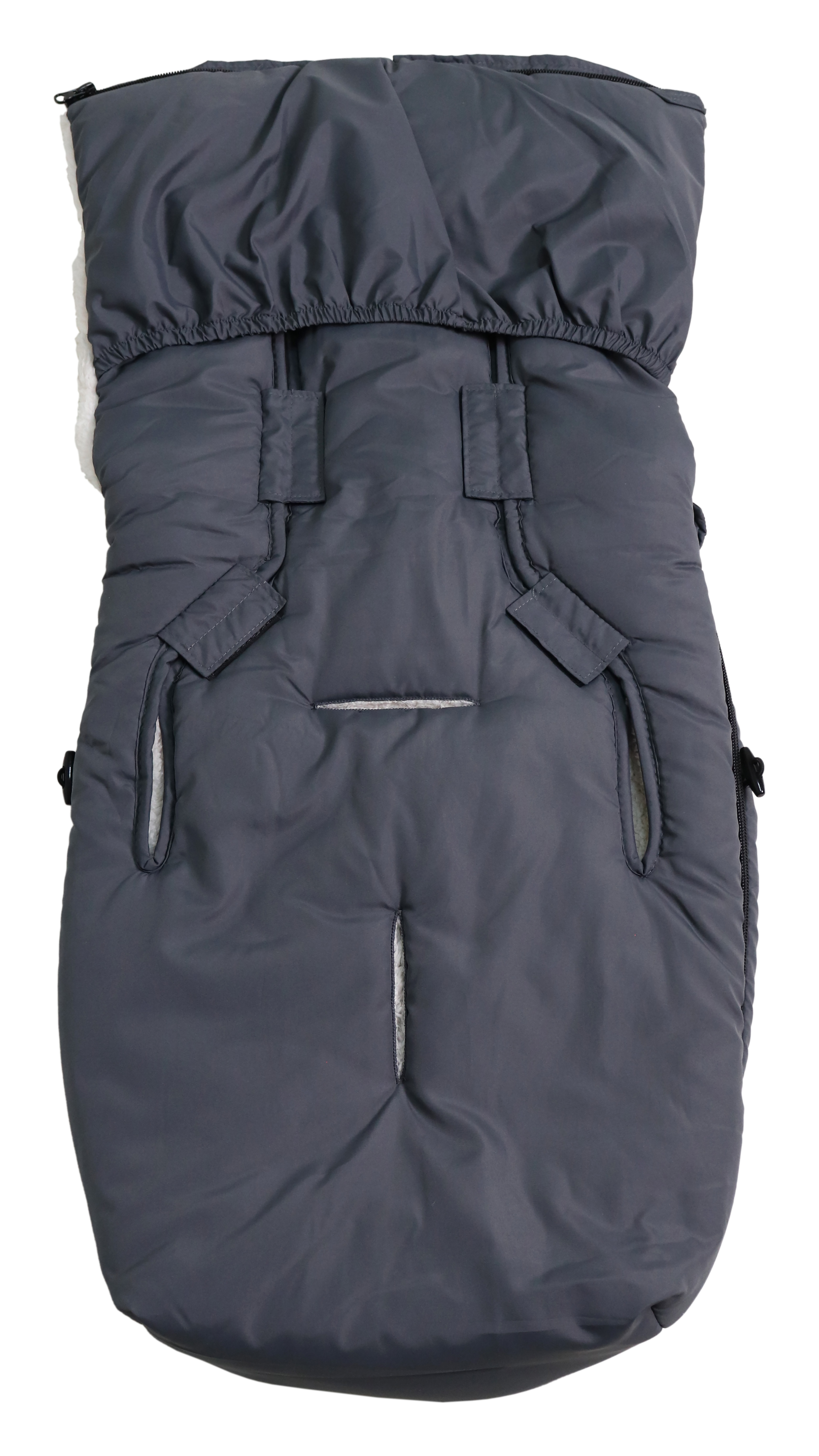Rückseite des Fußsacks mit weißem Fleece-Innenfutter für Babyschale in der Farbe anthracite