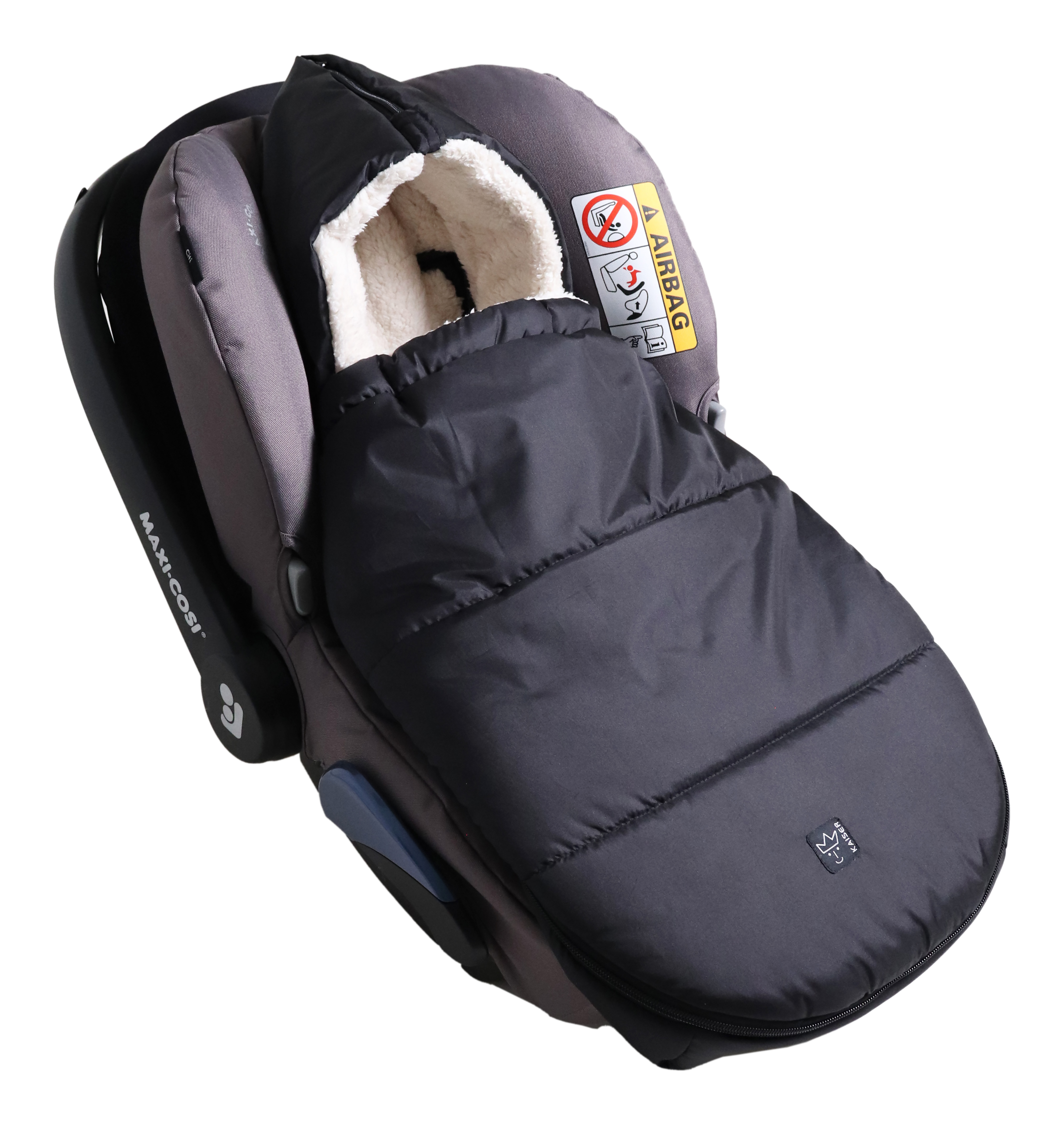 HOODY 2.0 Fußsack mit weißem Fleece-Innenfutter in der Farbe black-creme in Babyschale
