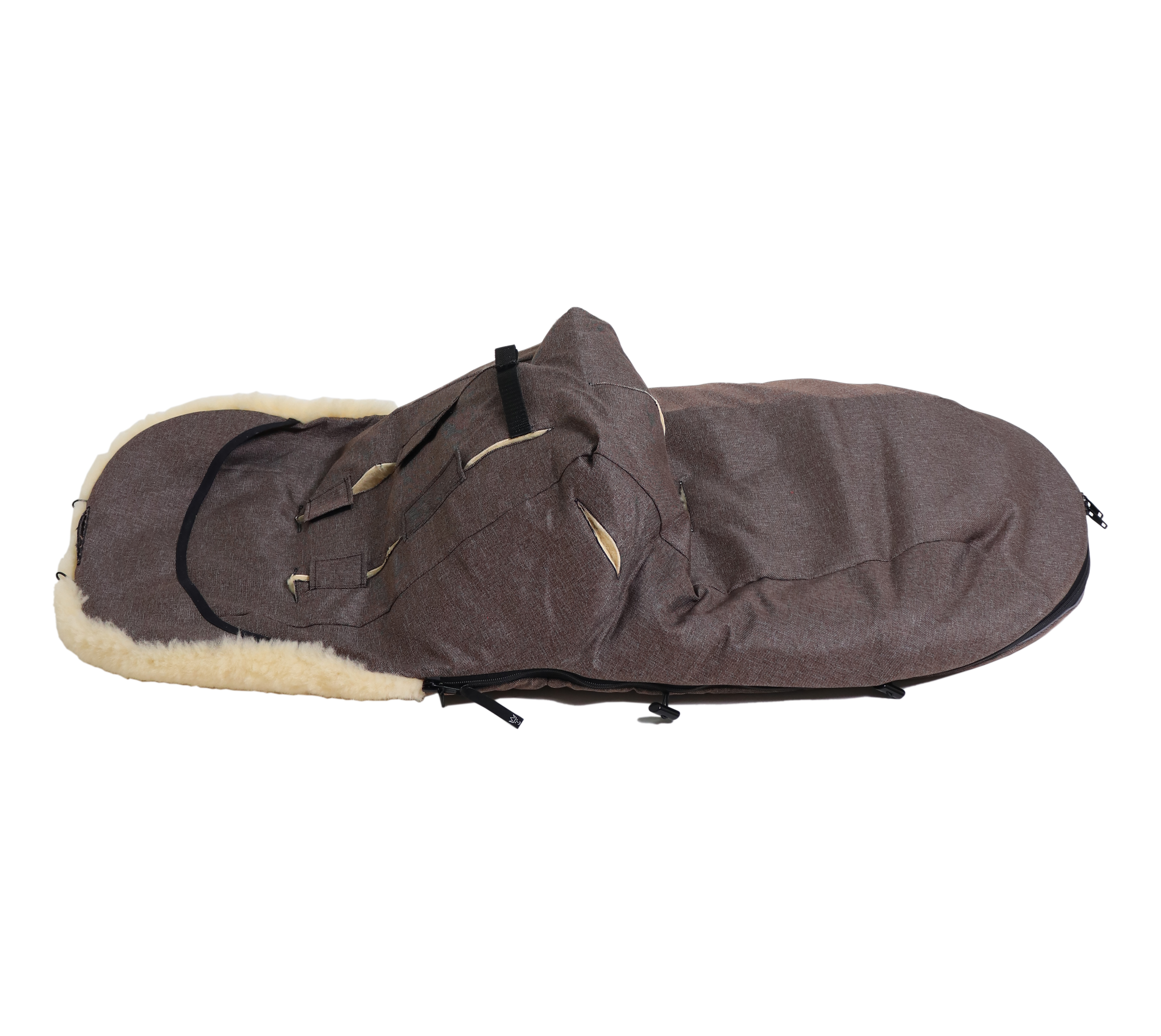 Fußsack mit dem Lammfell-Innenfutter in brown-melange seitlich
