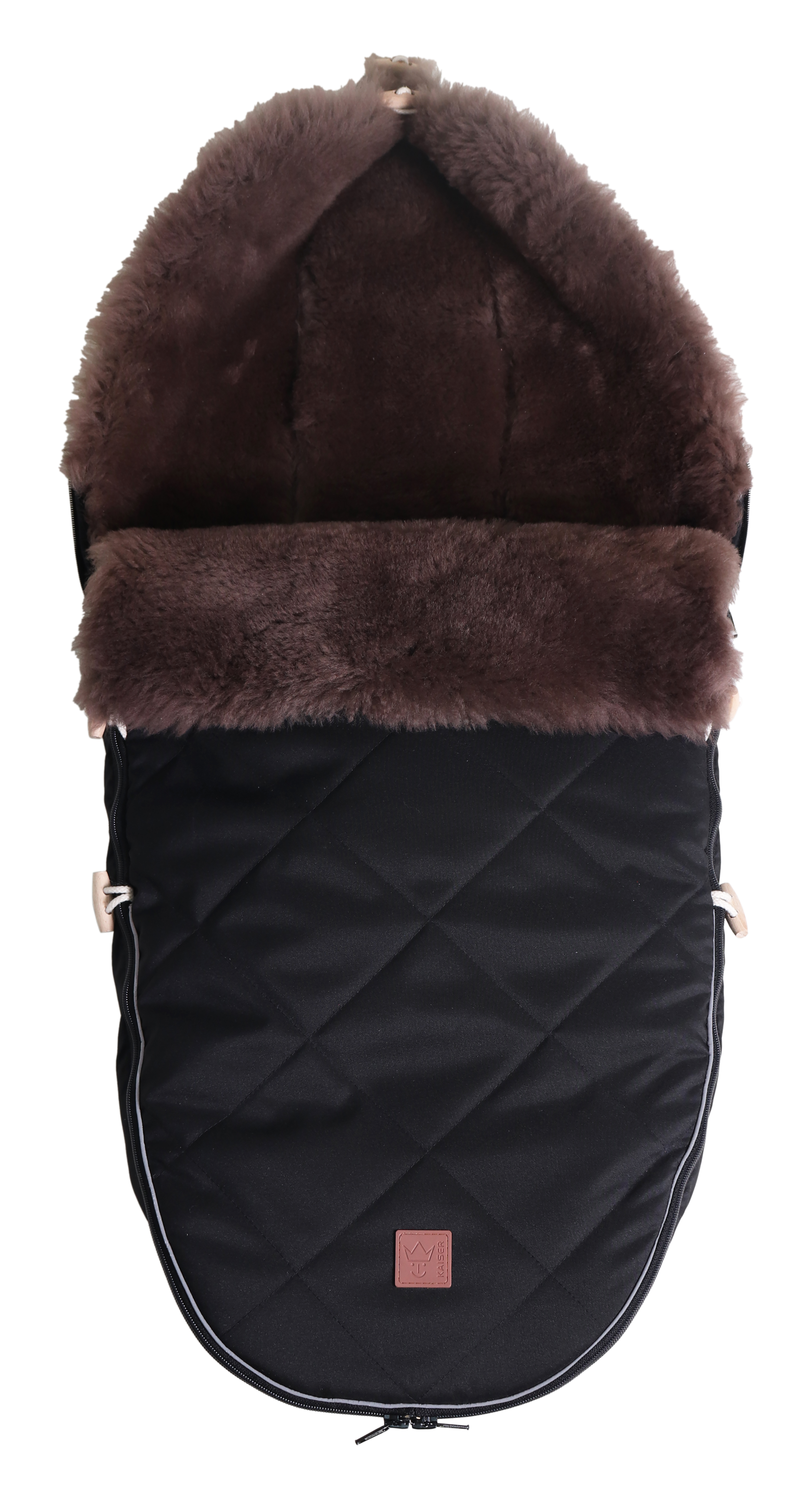 Fußsack mit beigem Lammfell-Innenfutter in der Farbe black