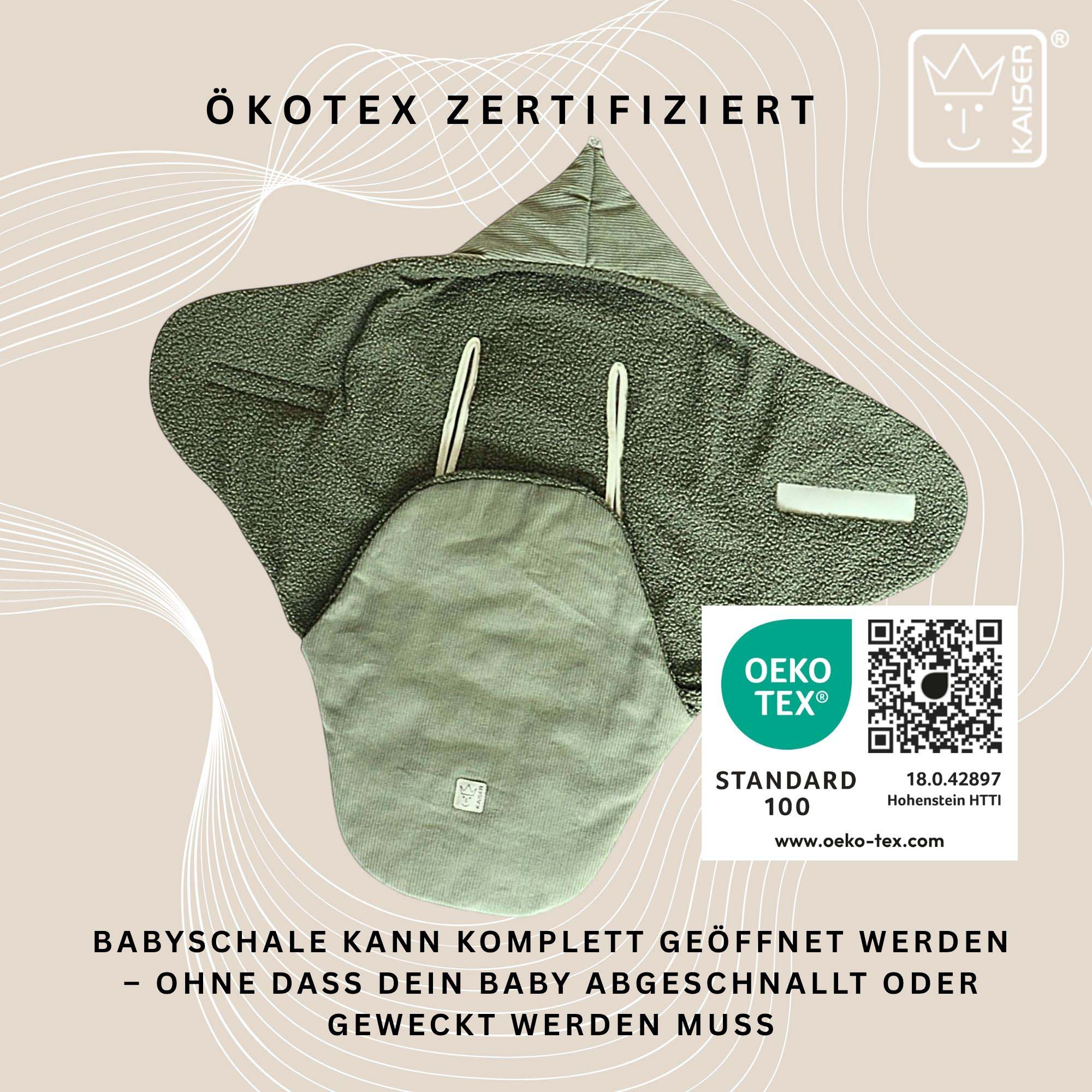 Geöffneter Fußsack mit OEKO-TEX Zertifikat – ermöglicht schnelles Auspacken ohne Abschnallen.
