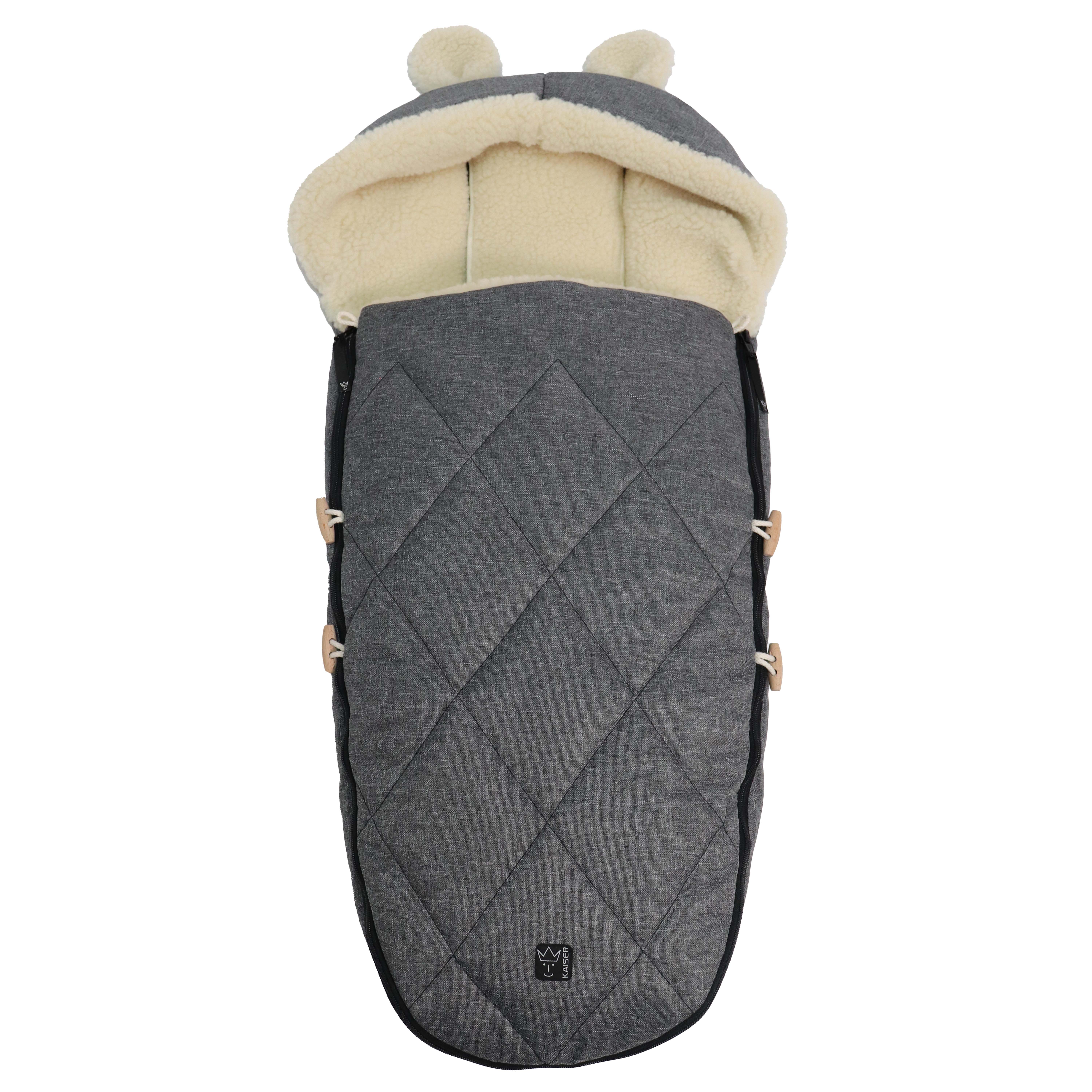 Geschlossener Fußsack in anthrazit mit Schafwolle-Innenfutter.