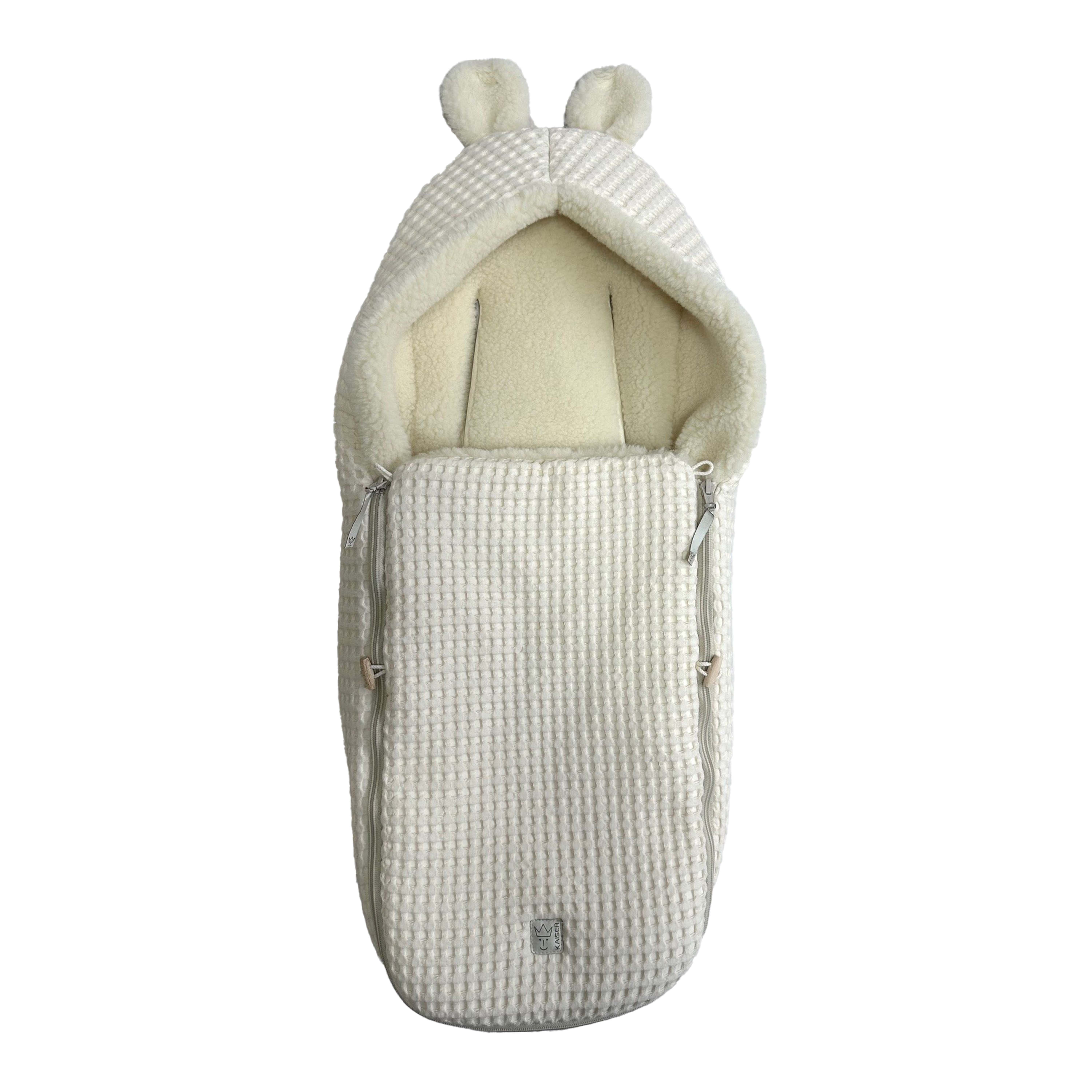KUSCHELL S Babyschalen Fußsack ecru mit Ohren und Fleece-Innenfutter