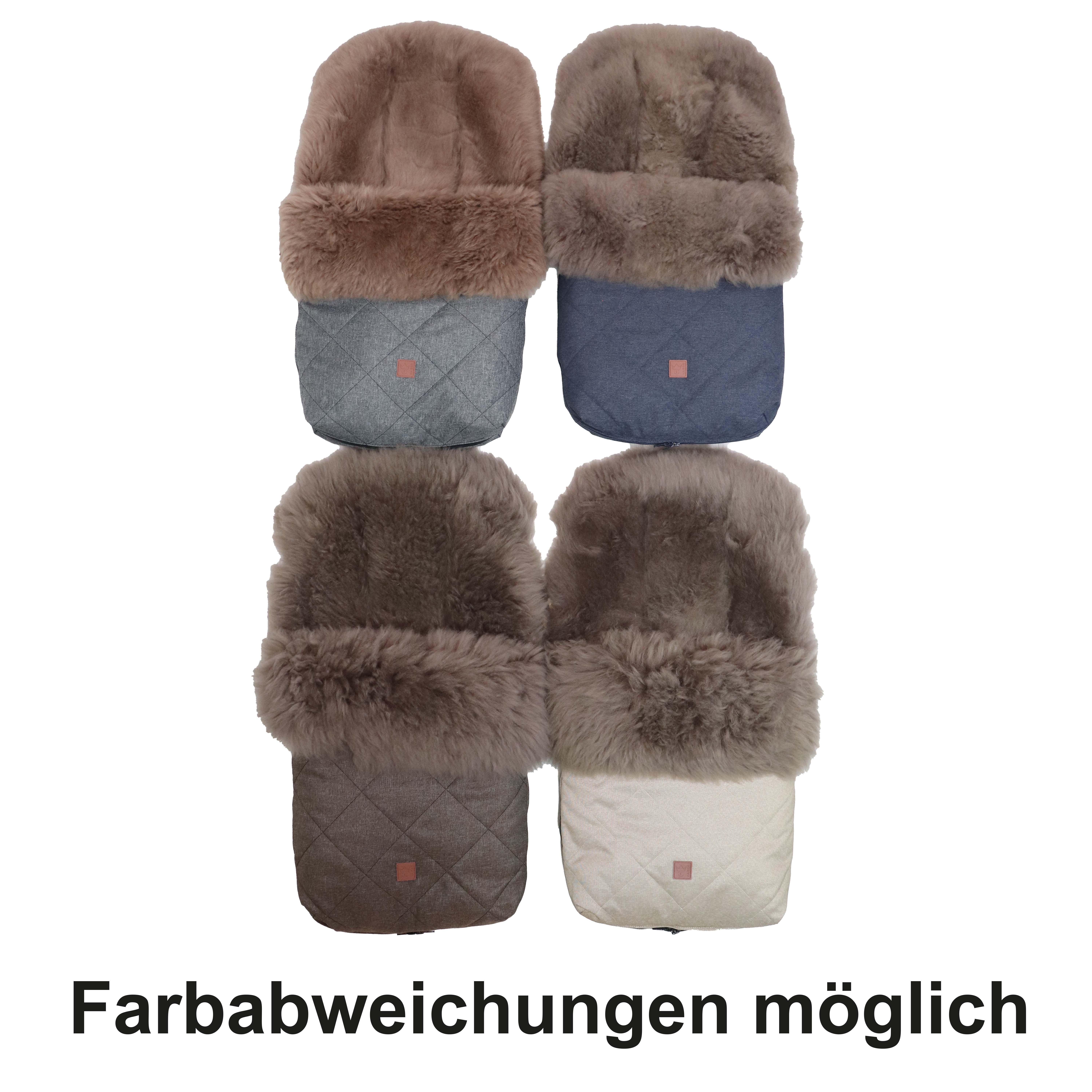 Fußsack mit dem Lammfell-Innenfutter in der Farbe brown melange liegt horizontal