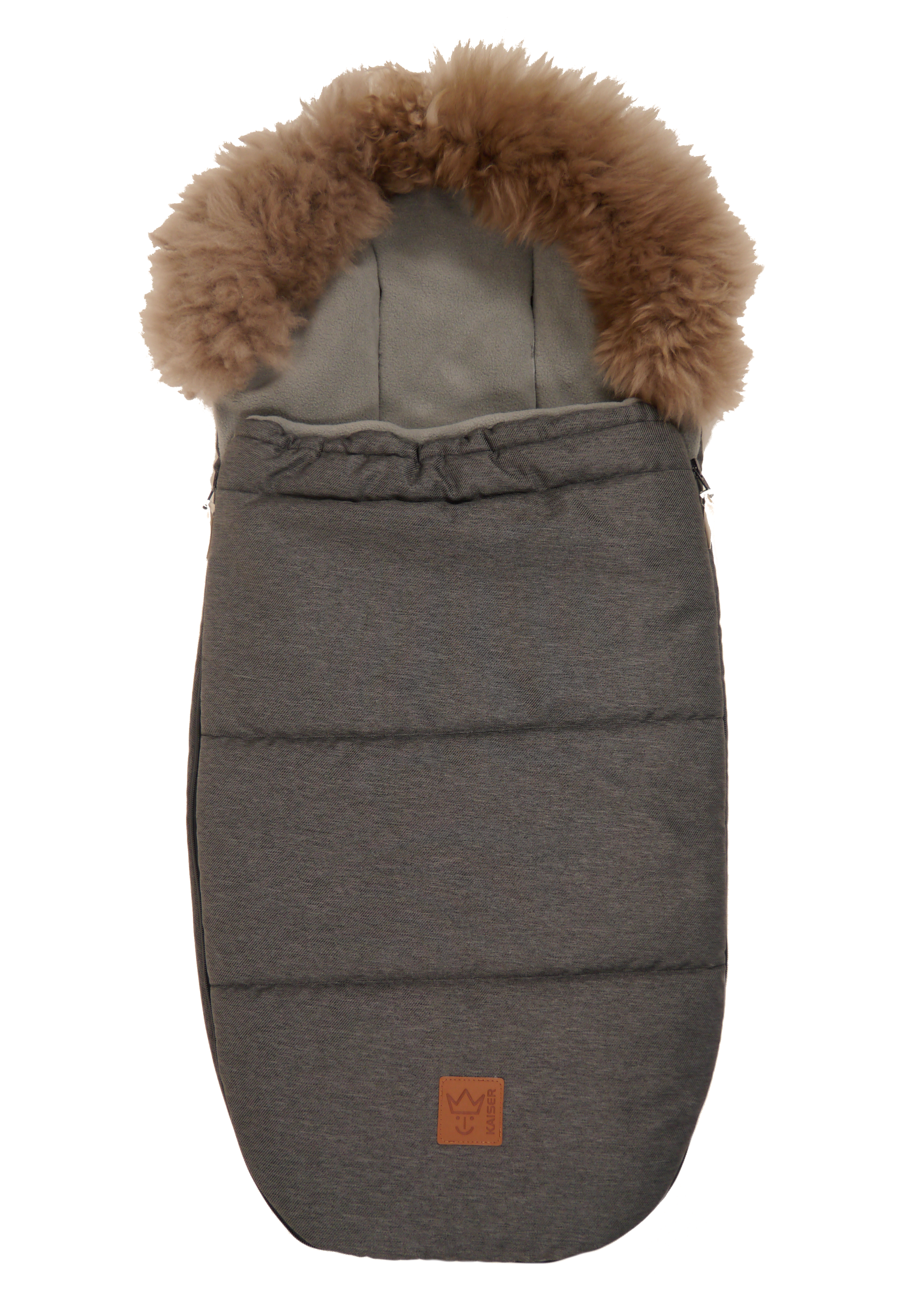 Kaiser Fußsack in der Farbe denim black mit braunem Fellrand und grauem Fleece-Innenfutter