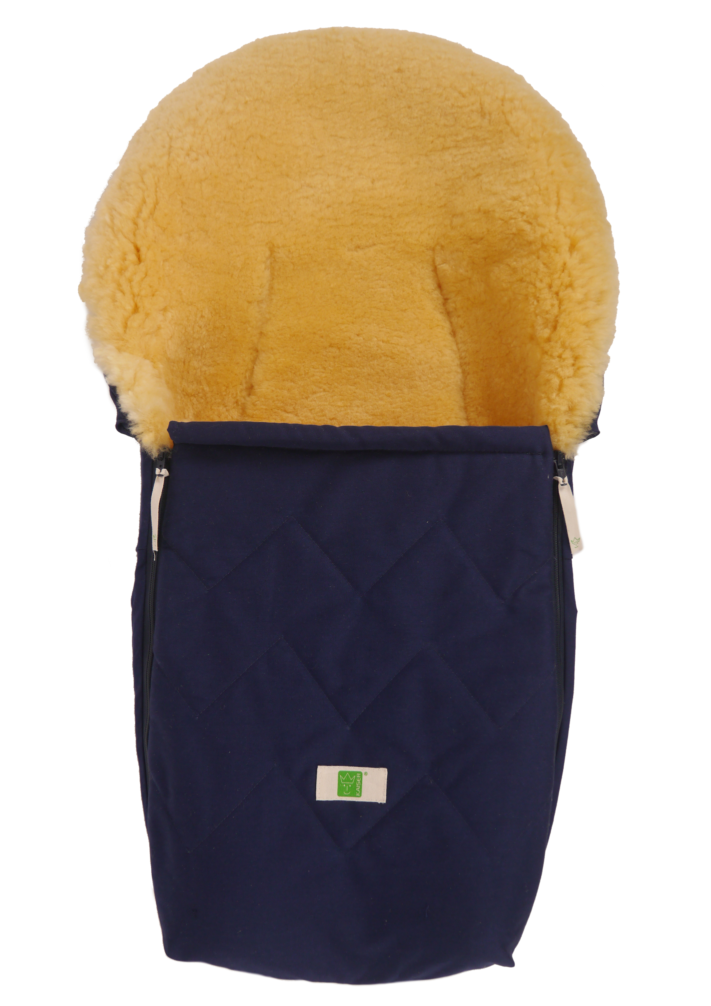 EMMA Organic Cotton medizin Lammfell-Fußsack von Kaiser in navy, geöffnet, Vorderansicht