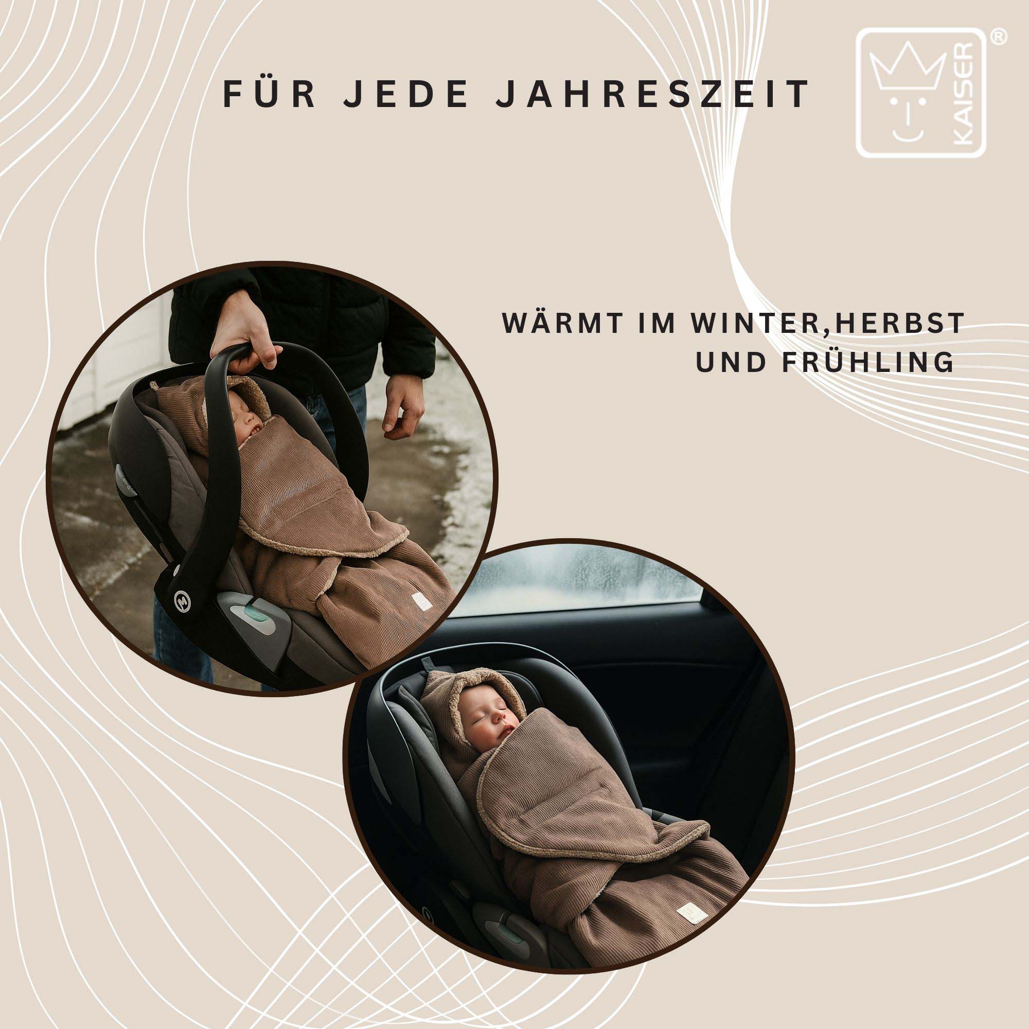 Baby im Fußsack in Babyschale – geeignet für Herbst, Winter und Frühling laut Hersteller.