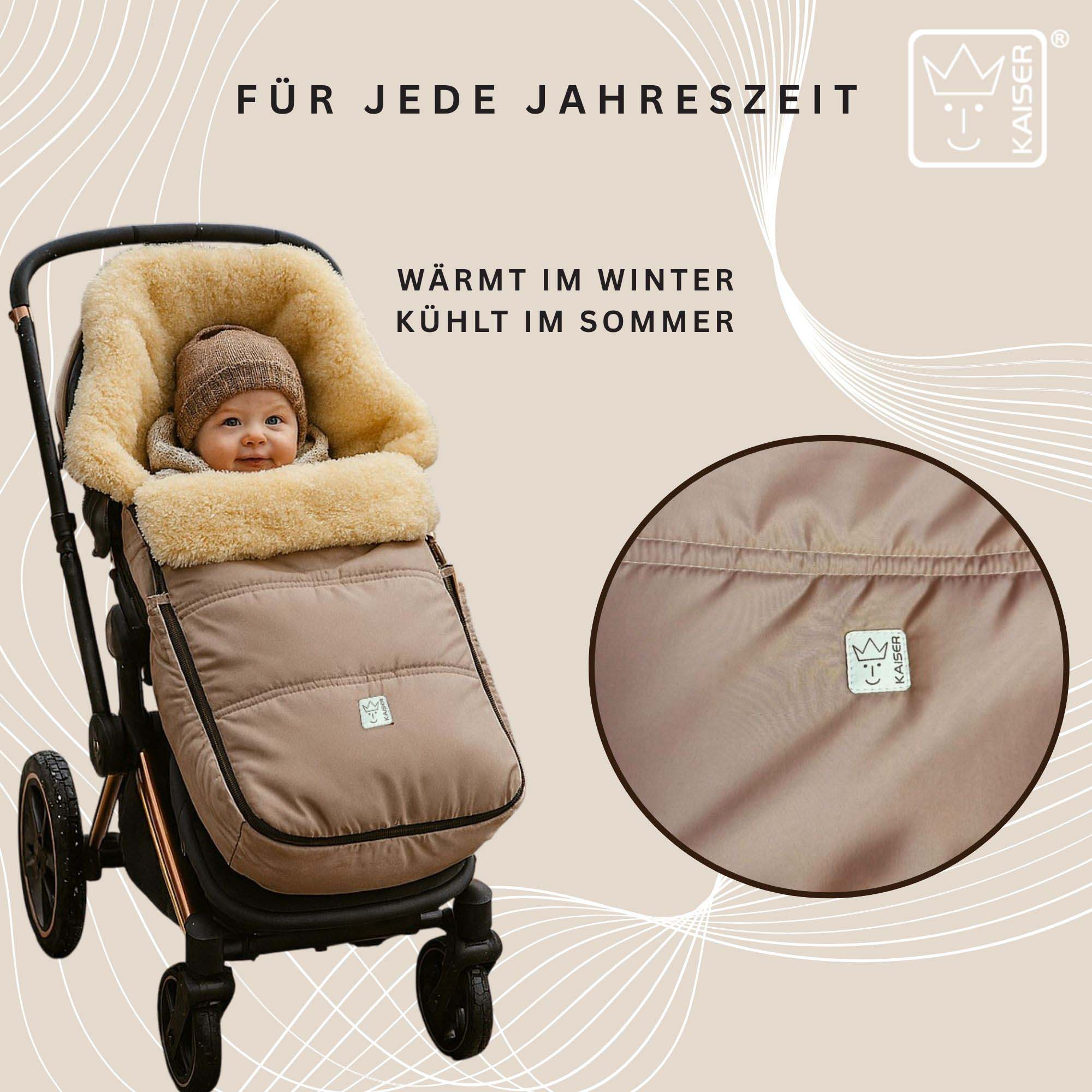 Fußsack mit Lammfell für jede Jahreszeit – wärmt im Winter, kühlt im Sommer, Bild mit Kinderwagen im Schnee.