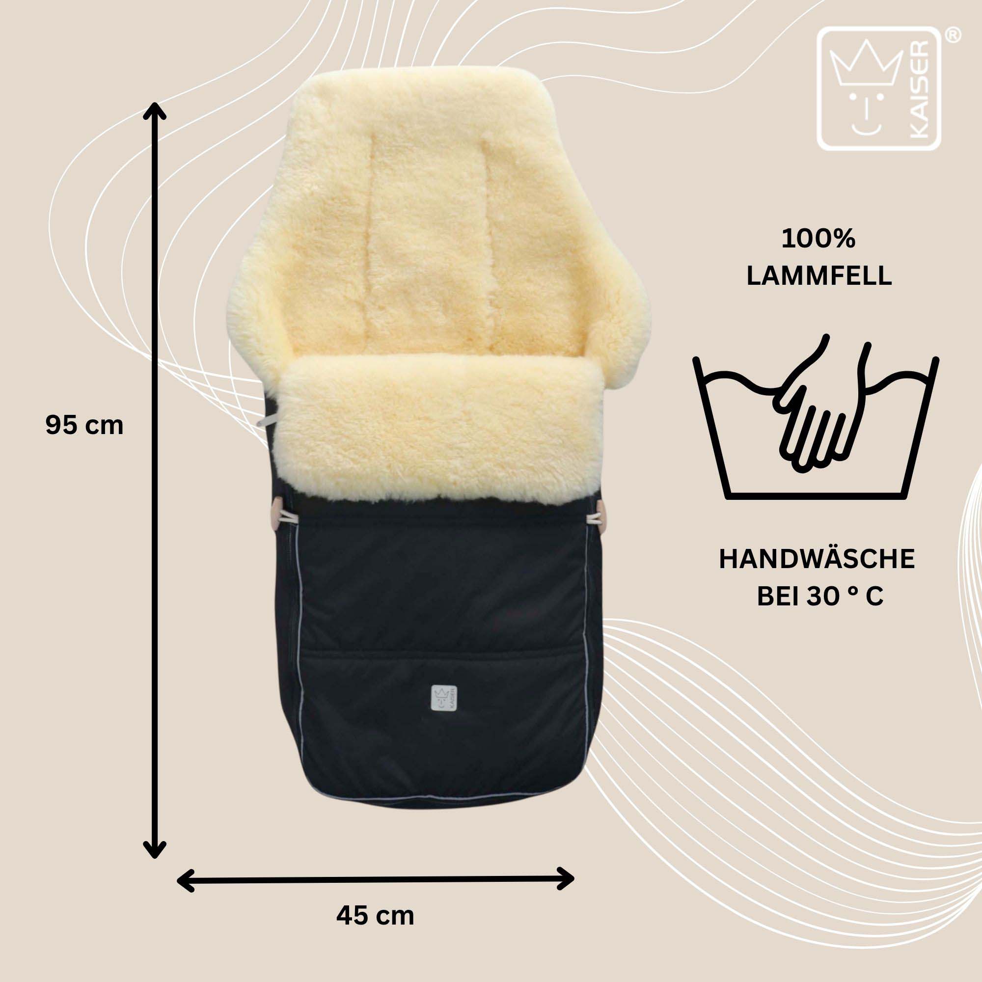 Maße des Fußsacks: 95 × 45 cm – 100 % Lammfell, Handwäsche bei 30 °C empfohlen.
