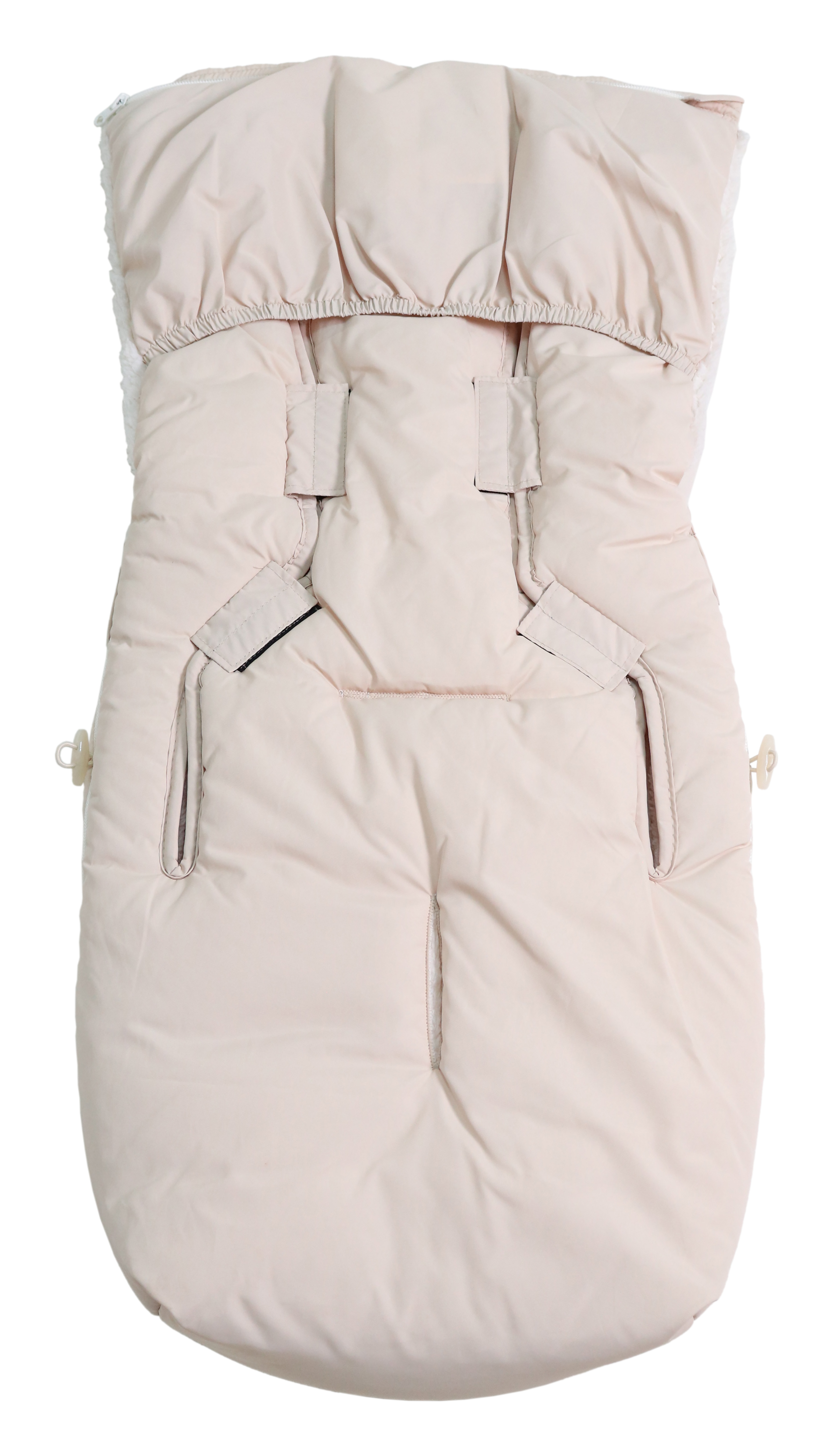 Rückseite des Fußsacks mit weißem Fleece-Innenfutter für Babyschale in der Farbe sand