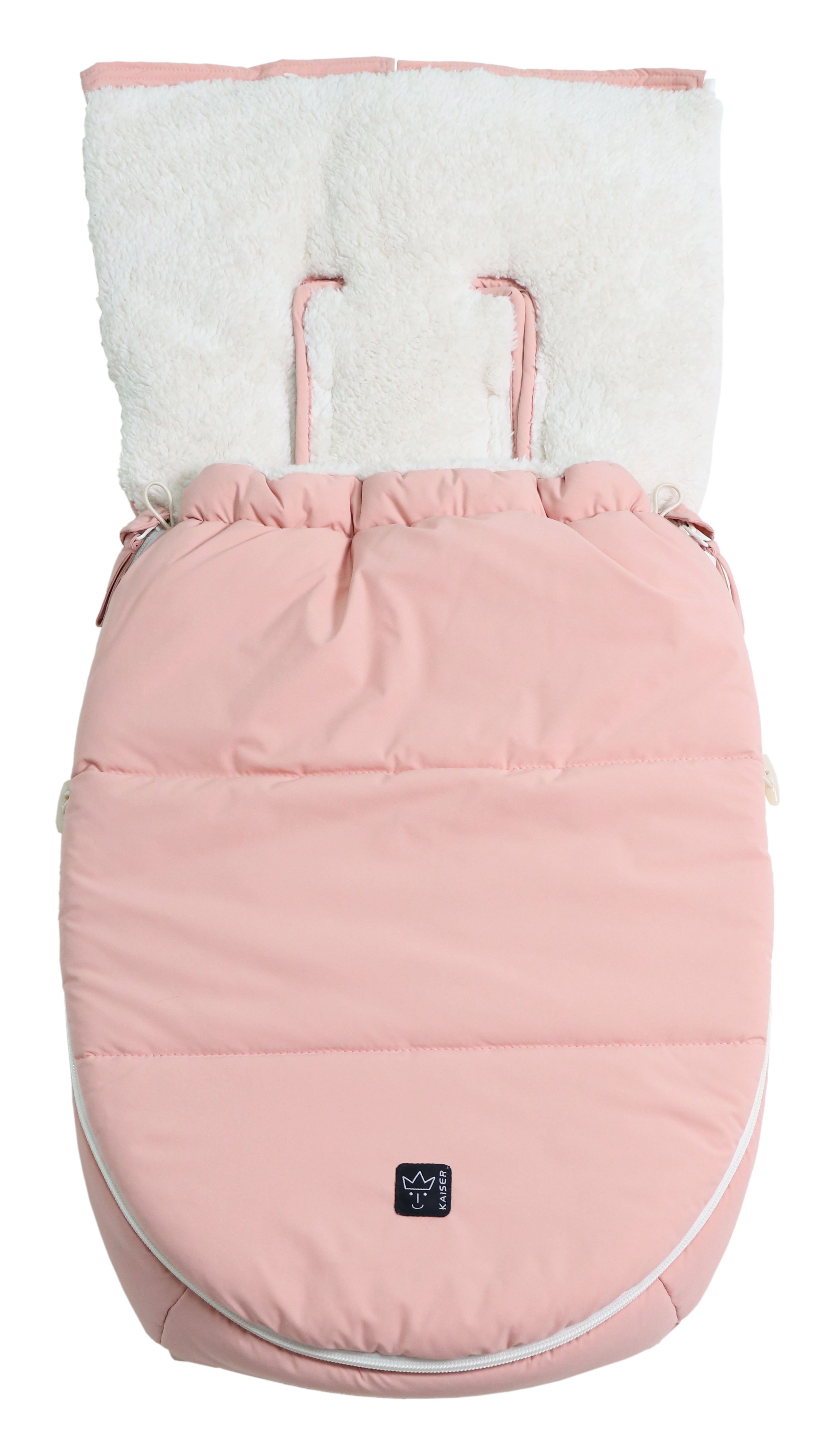 Fußsack mit weißem Fleece-Innenfutter mit geöffnetem Oberteil für Babyschale in der Farbe mistry rose