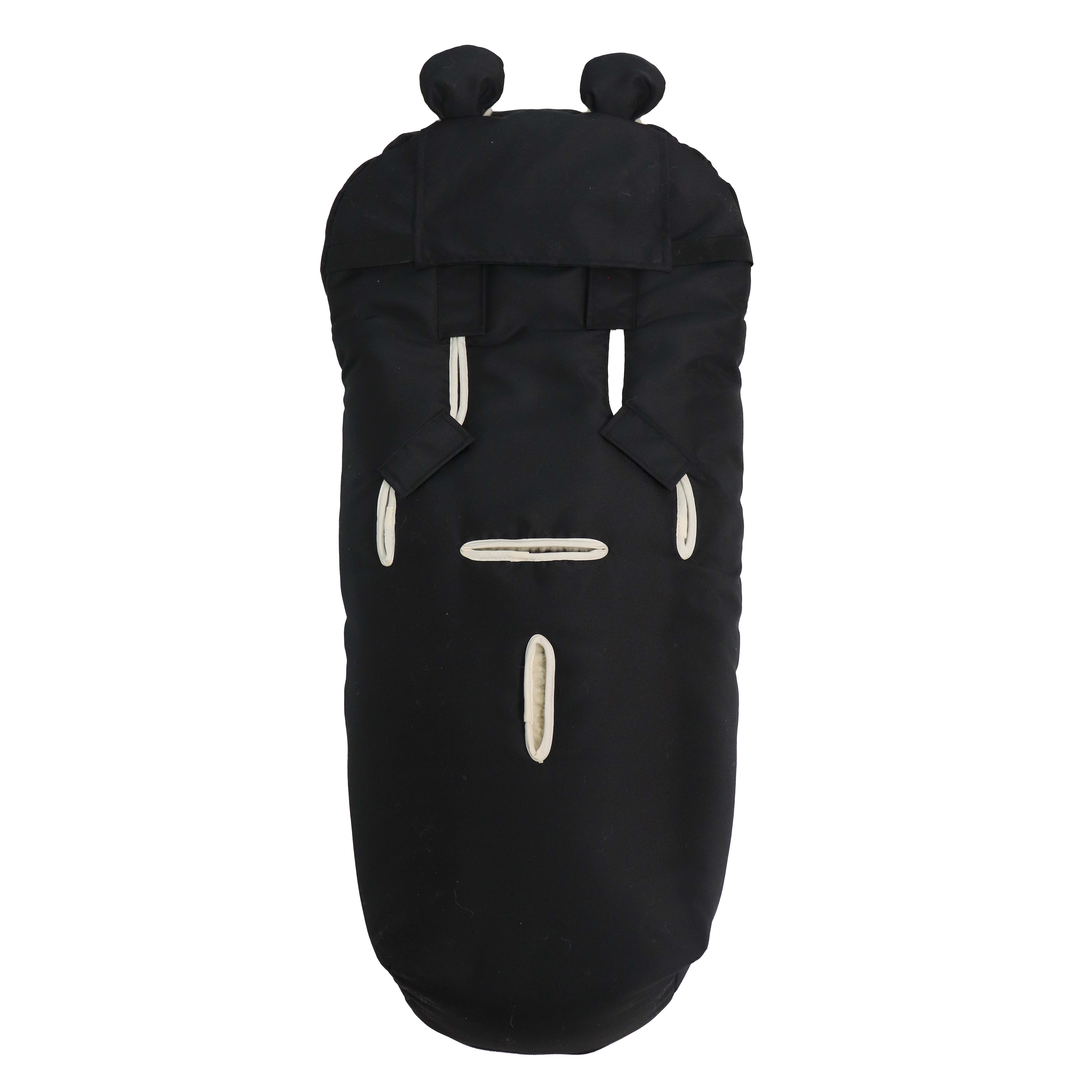XL EARS WOOL - Kinderwagen Fußsack Geschlossener Fußsack in Schwarz mit Schafwolle-Innenfutter Rückseite