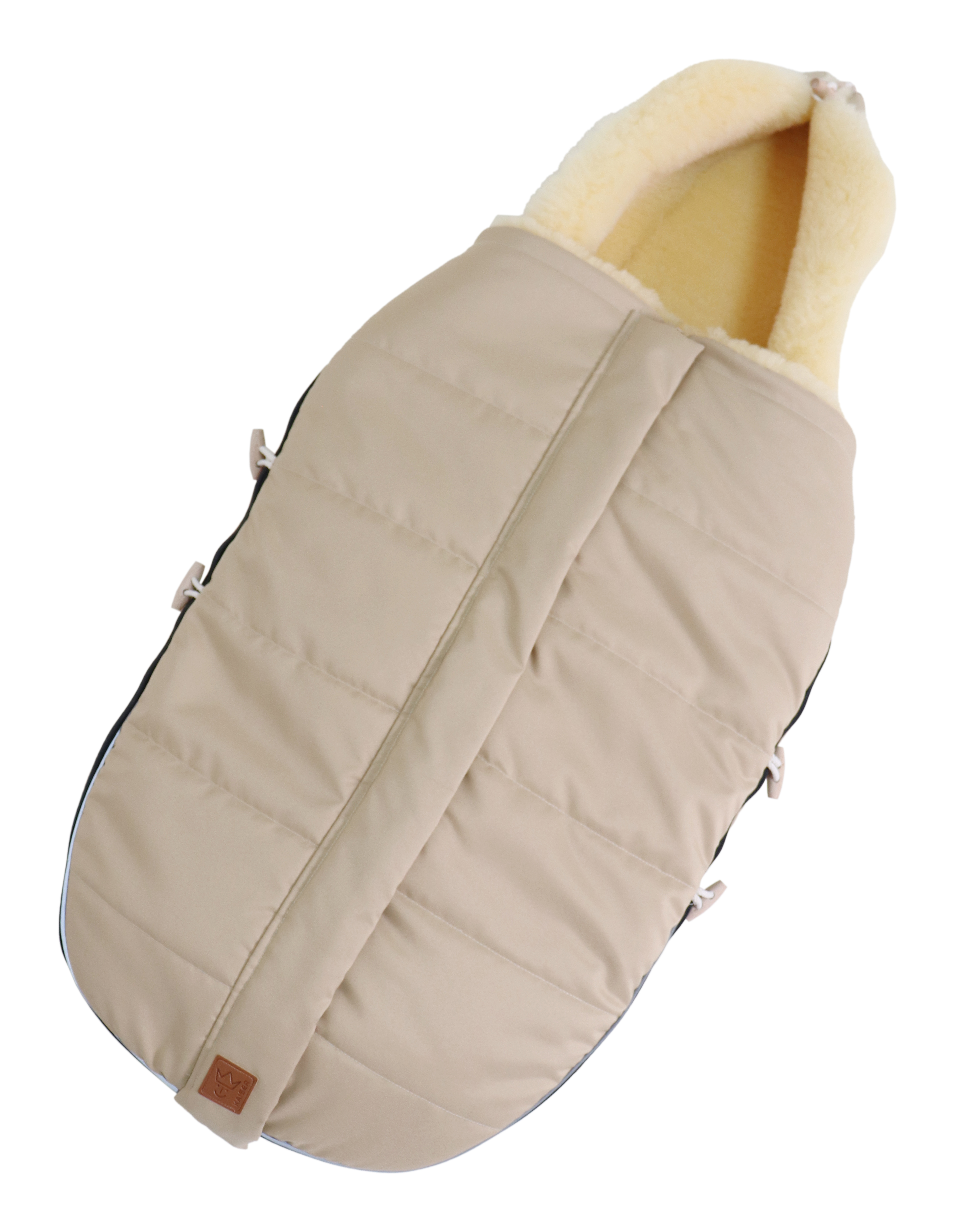 ALLEX Lammfell Kinderwagen Fußsack Fußsack mit dem Lammfell-Innenfutter in der Farbe sand liegt quer
