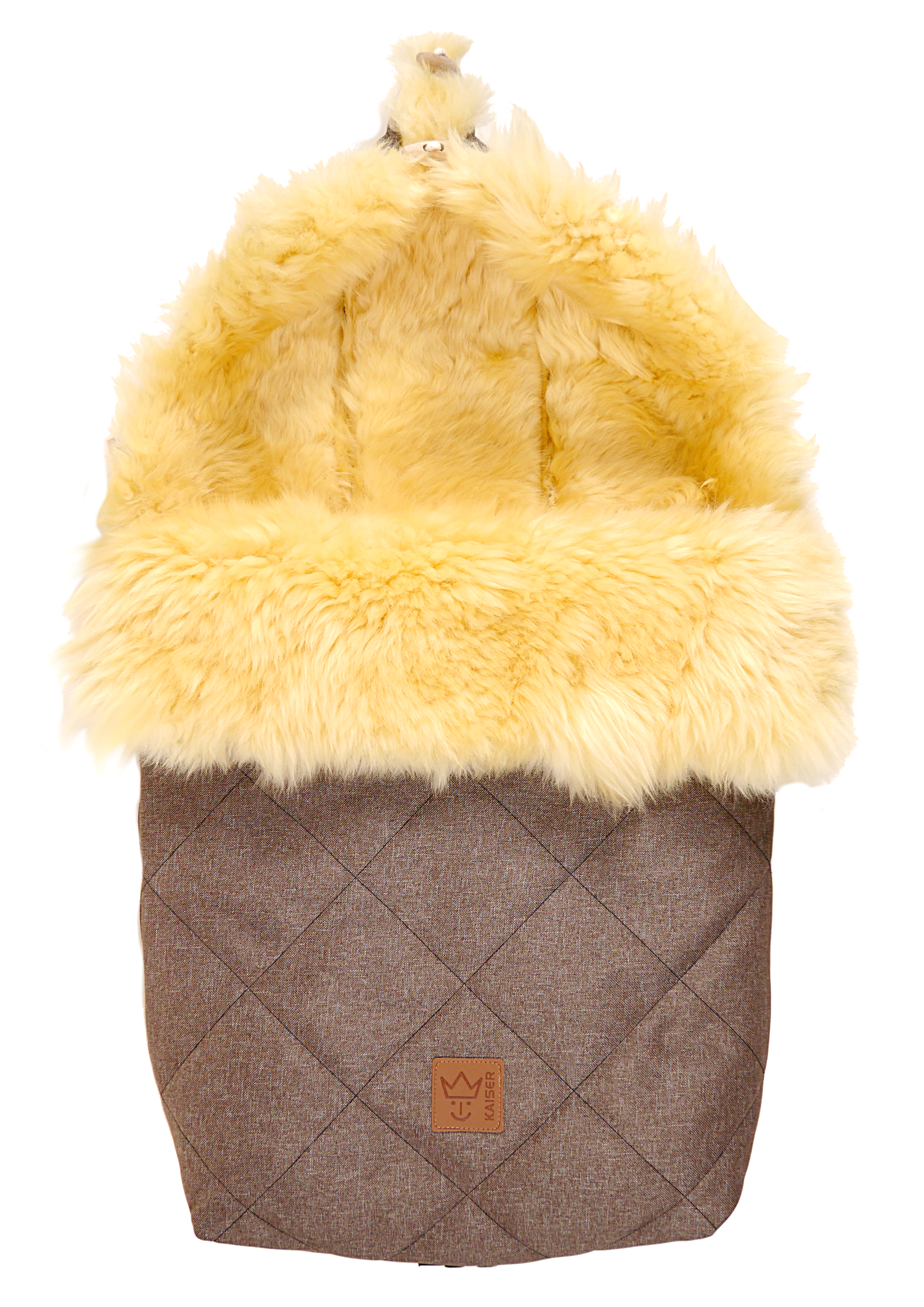 Winterfußsack in der Farbe braun melange mit Lammfell mit Kapuze