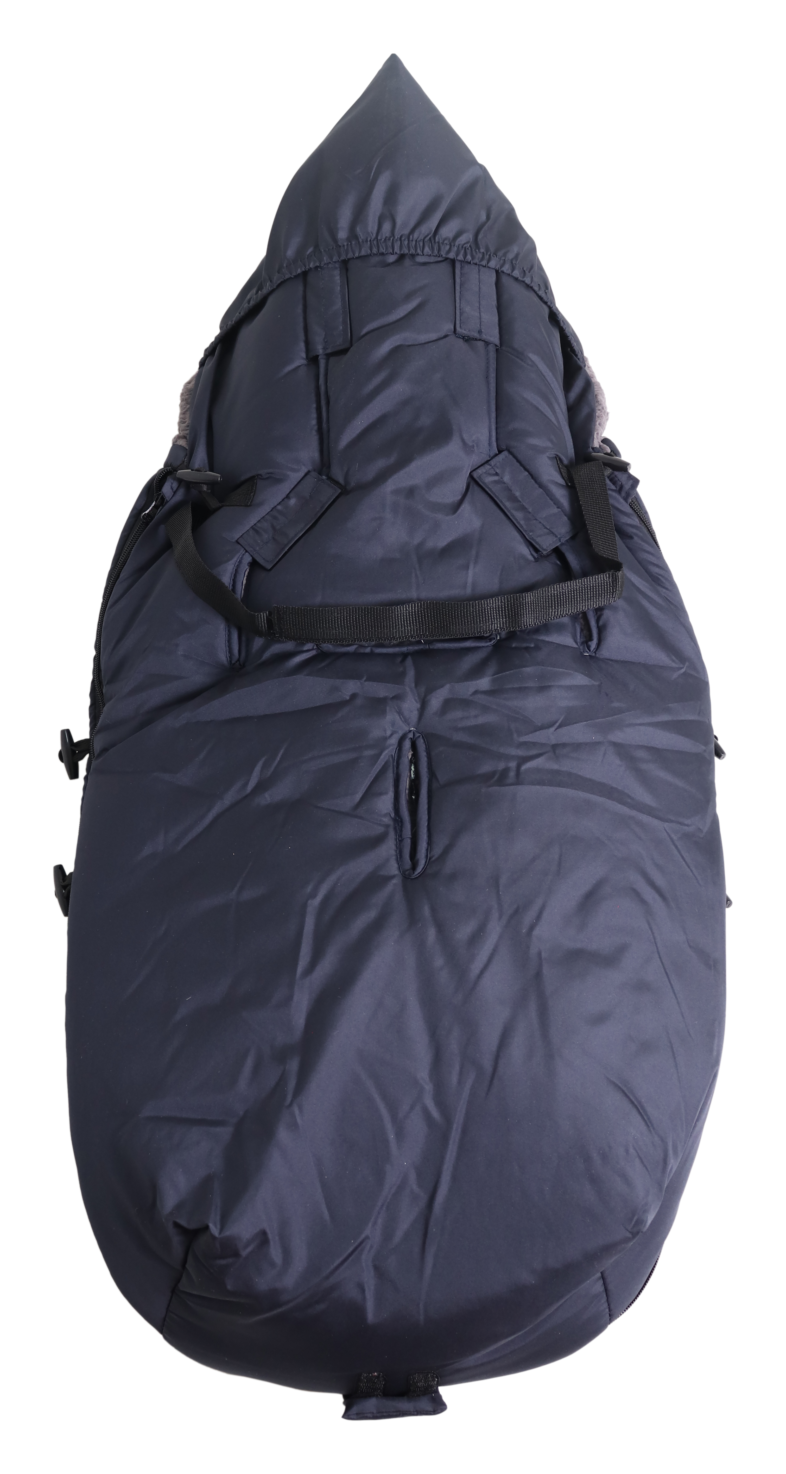 Geschlossener Fußsack mit einem Sherpa-Futter in der Farbe navy Rückseite