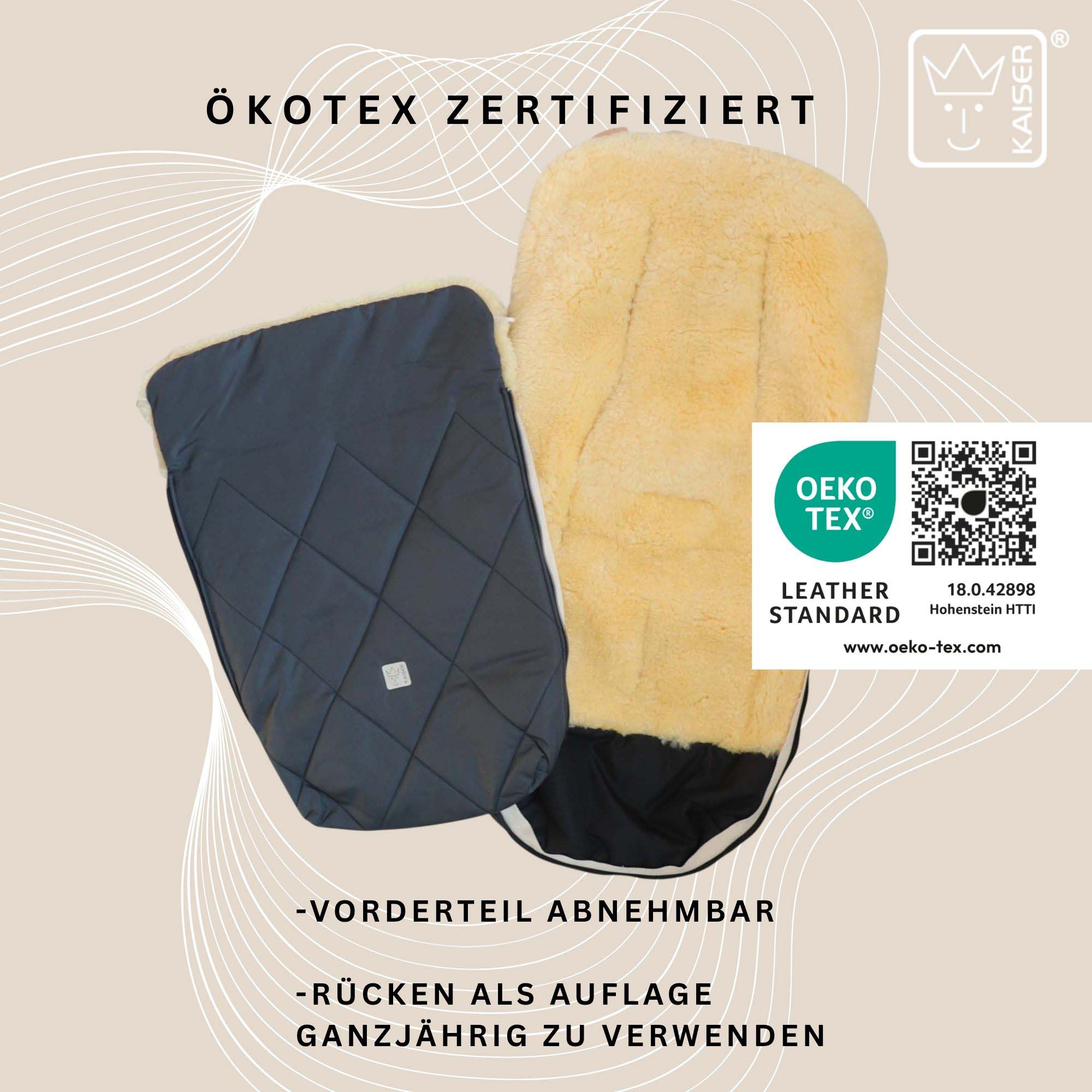 Geöffneter Fußsack mit OEKO-TEX Zertifikat – Rückenteil als Ganzjahresauflage verwendbar.