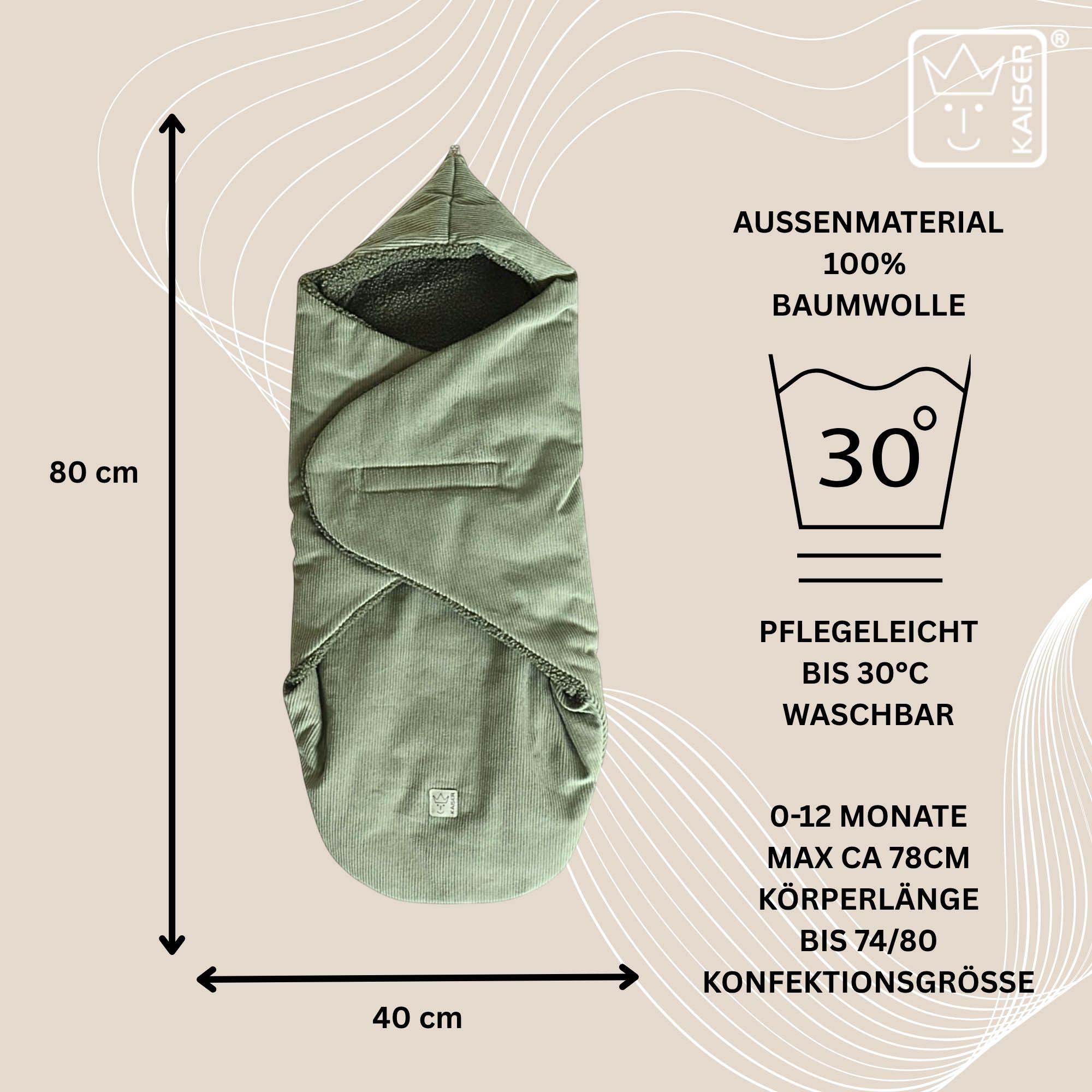 Maße: 80×40 cm – geeignet bis 12 Monate, waschbar bei 3 °C, aus 100 % Baumwolle.