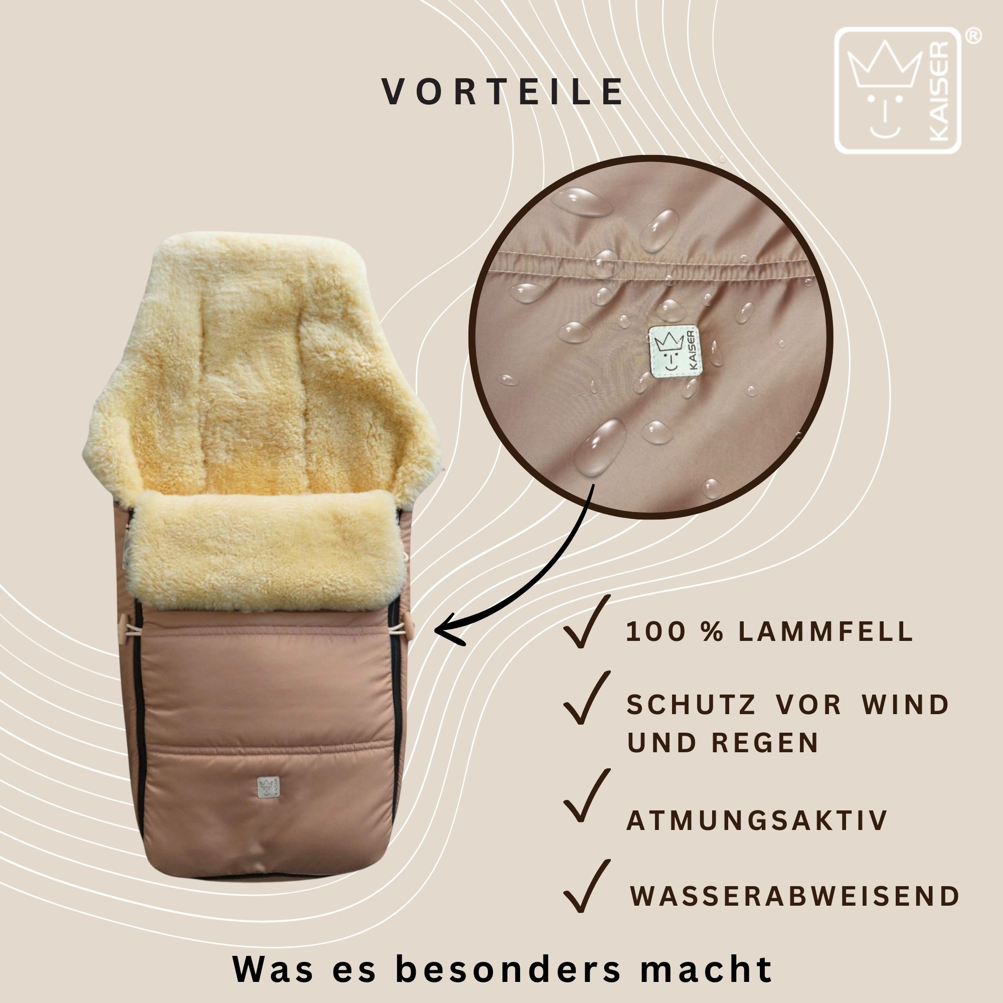 Fußsack aus 100 % Lammfell – wasserabweisend, atmungsaktiv, wind- und regendicht.