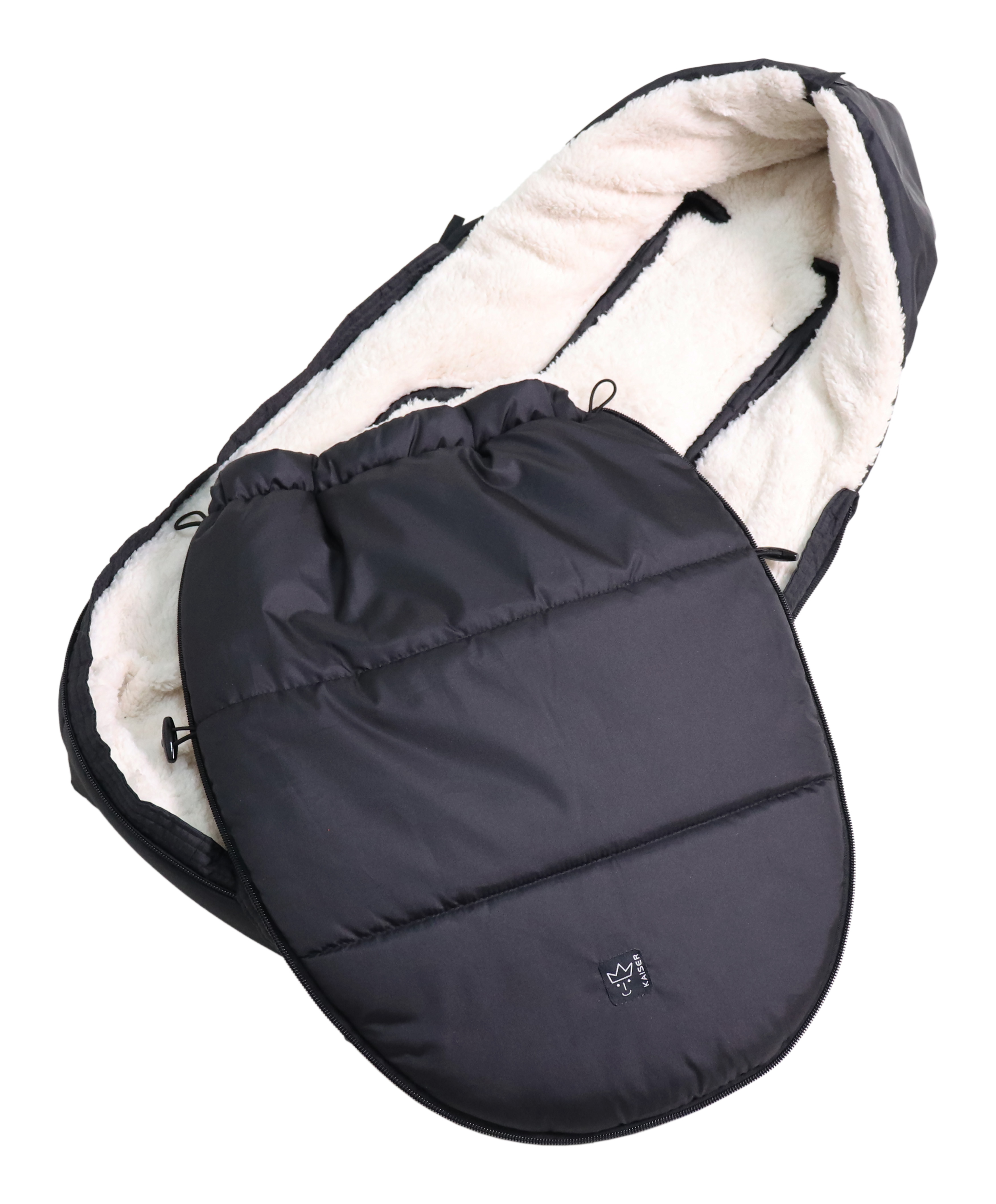 HOODY 2.0 Fußsack mit weißem Fleece-Innenfutter für Babyschale in der Farbe black-creme mit abnehmbarem Vorderteil